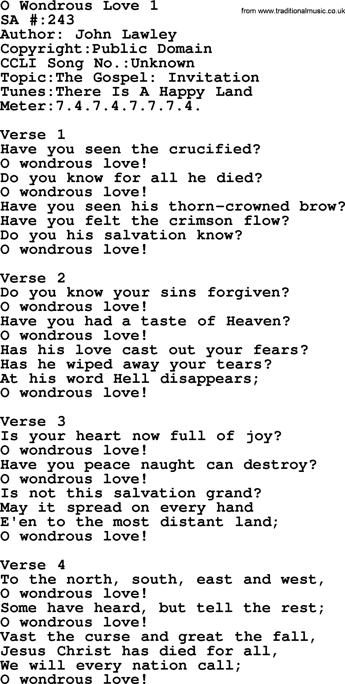 Salvation Army Hymnal, title: O Wondrous Love 1, with lyrics and PDF,
