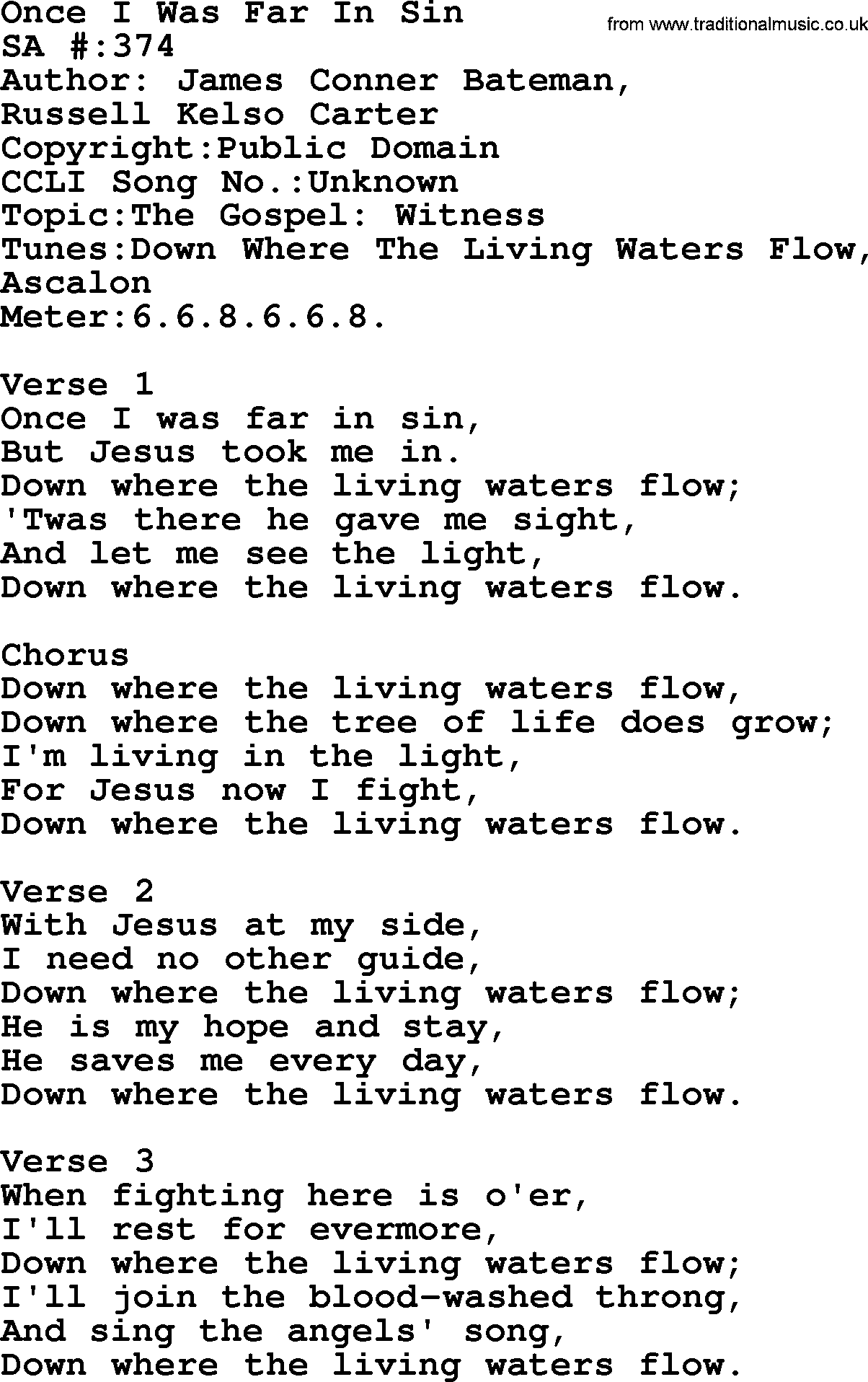 Salvation Army Hymnal, title: Once I Was Far In Sin, with lyrics and PDF,
