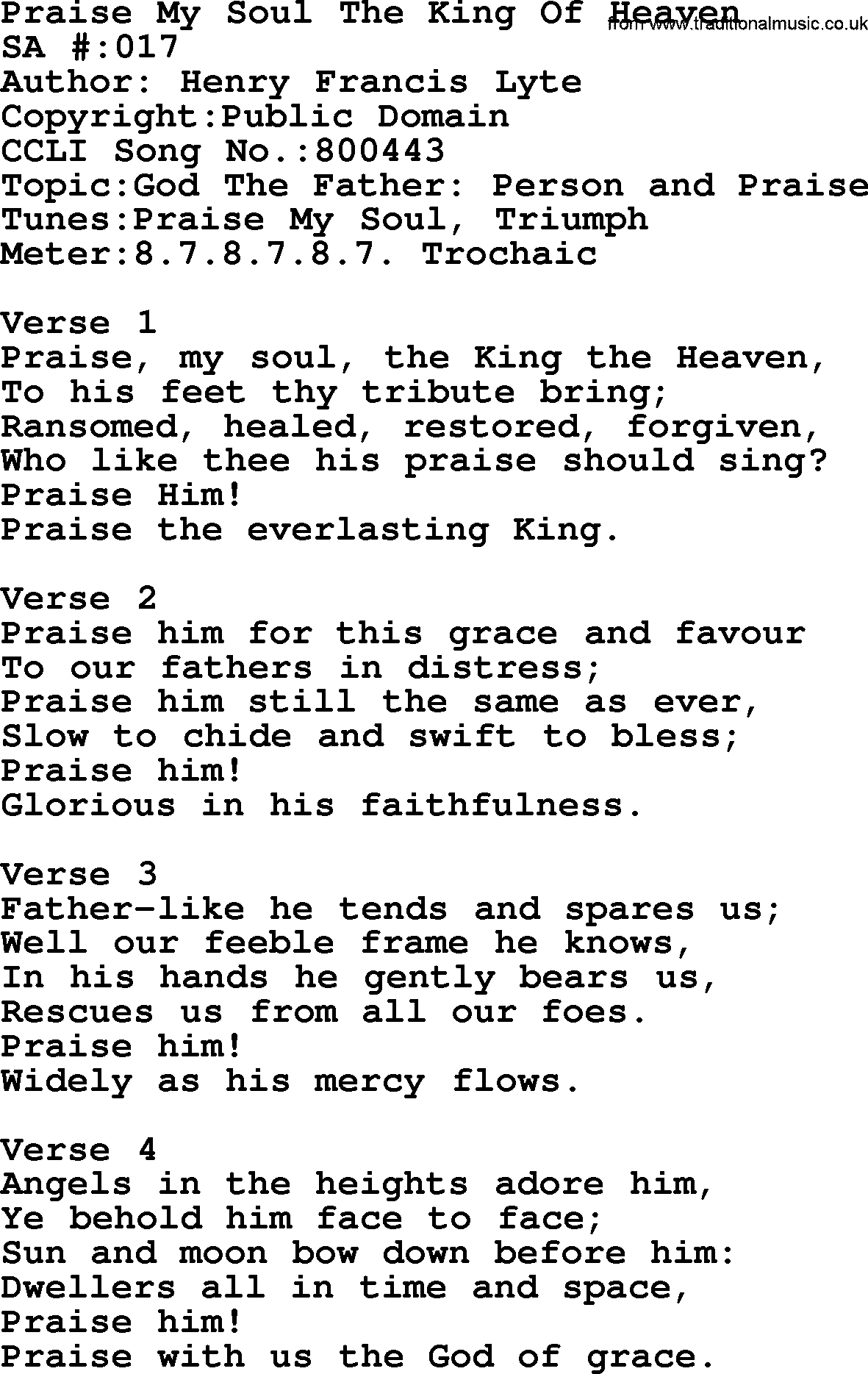 Salvation Army Hymnal, title: Praise My Soul The King Of Heaven, with lyrics and PDF,