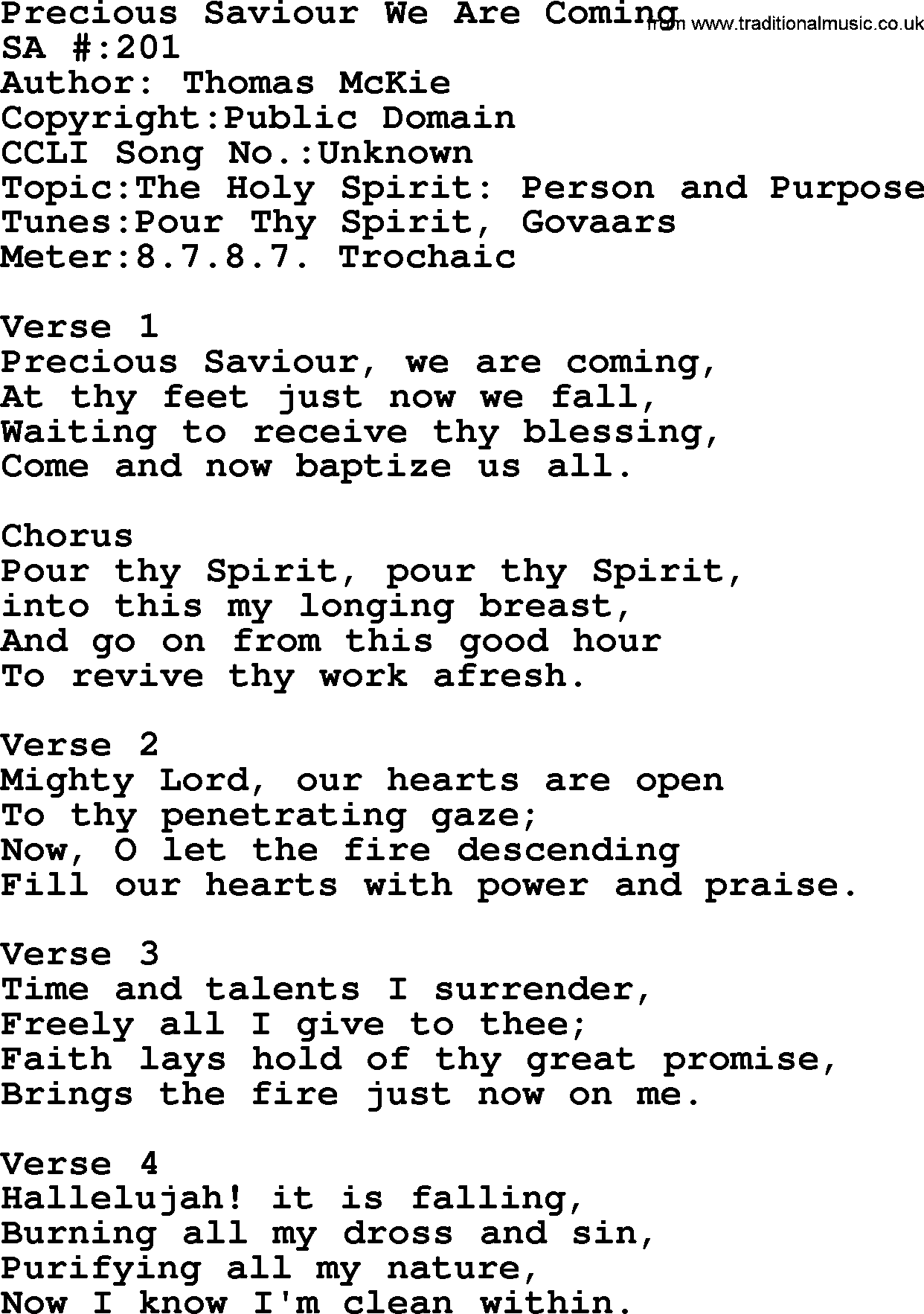 Salvation Army Hymnal, title: Precious Saviour We Are Coming, with lyrics and PDF,