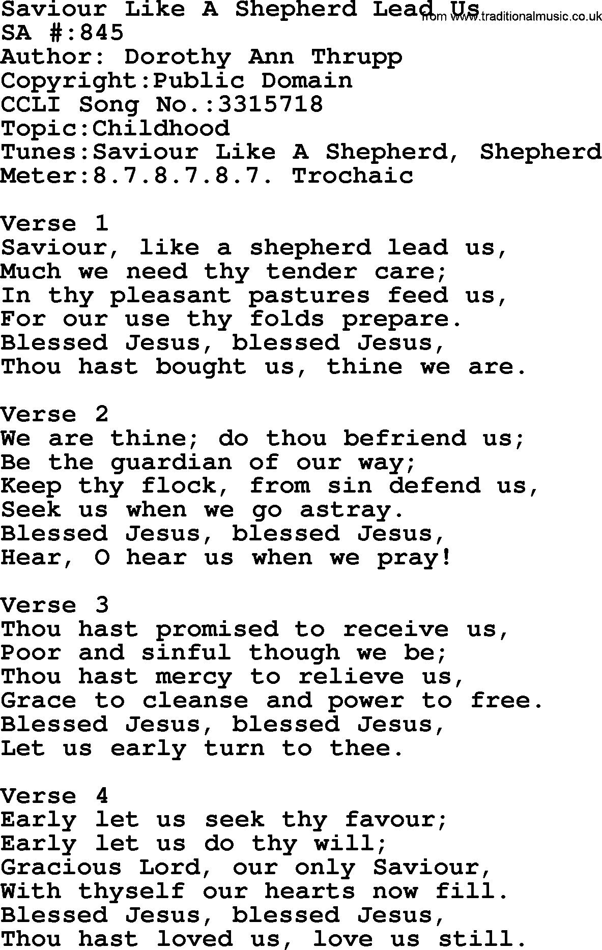 Salvation Army Hymnal, title: Saviour Like A Shepherd Lead Us, with lyrics and PDF,