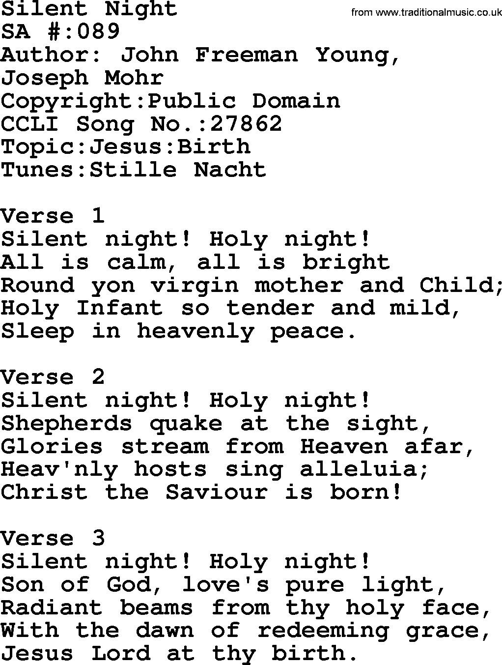 Salvation Army Hymnal, title: Silent Night, with lyrics and PDF,
