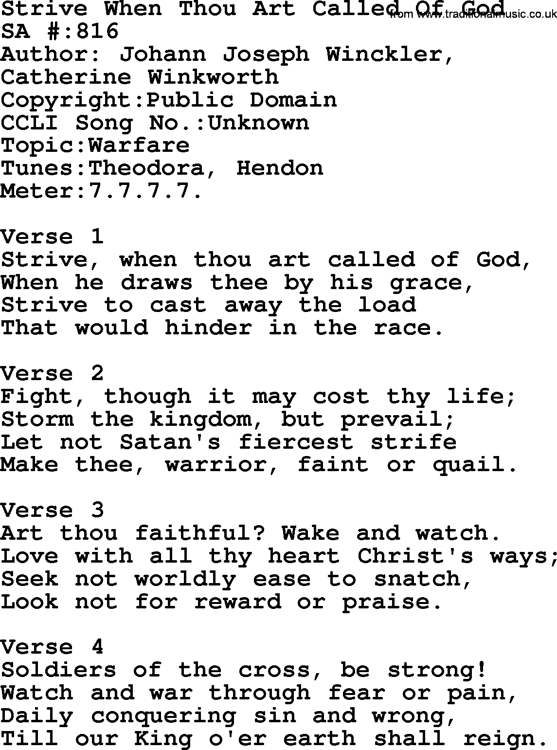 Salvation Army Hymnal, title: Strive When Thou Art Called Of God, with lyrics and PDF,