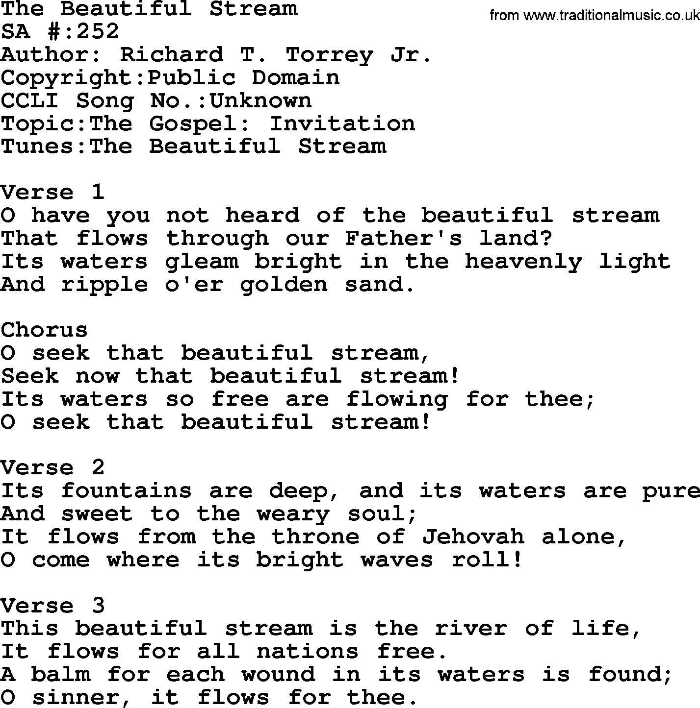 Salvation Army Hymnal, title: The Beautiful Stream, with lyrics and PDF,