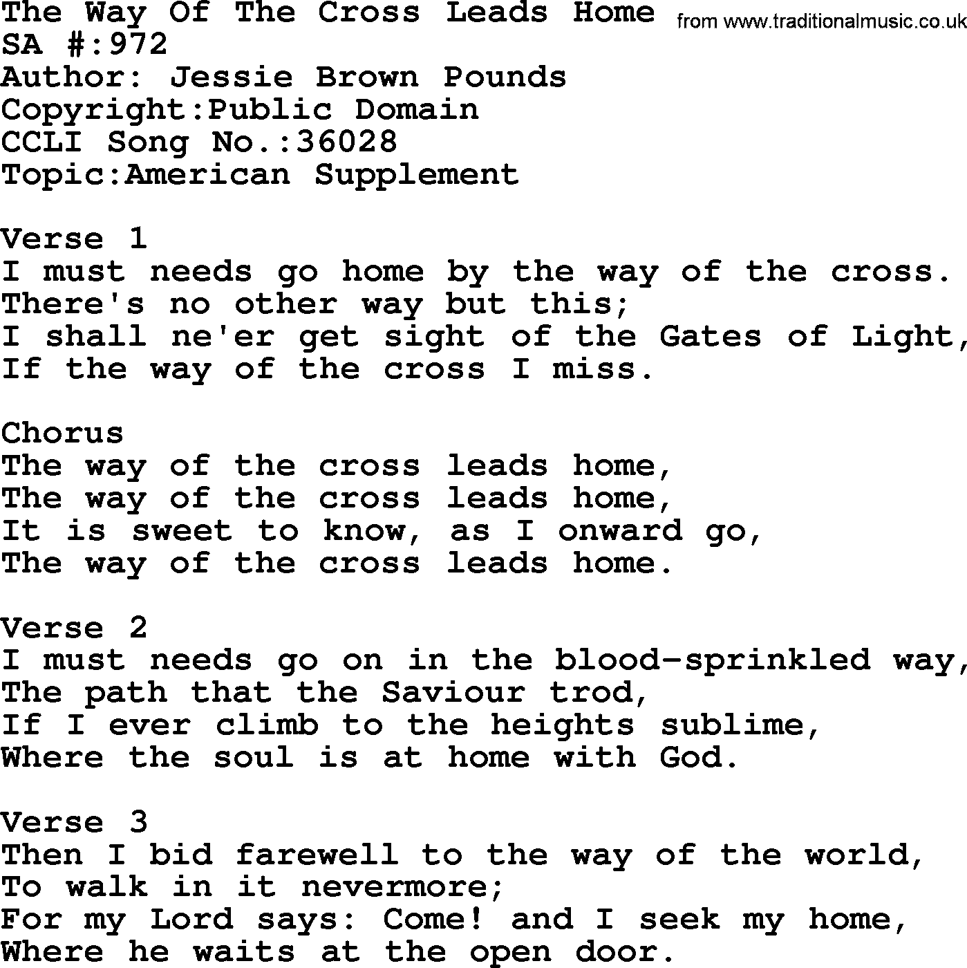 Salvation Army Hymnal, title: The Way Of The Cross Leads Home, with lyrics and PDF,