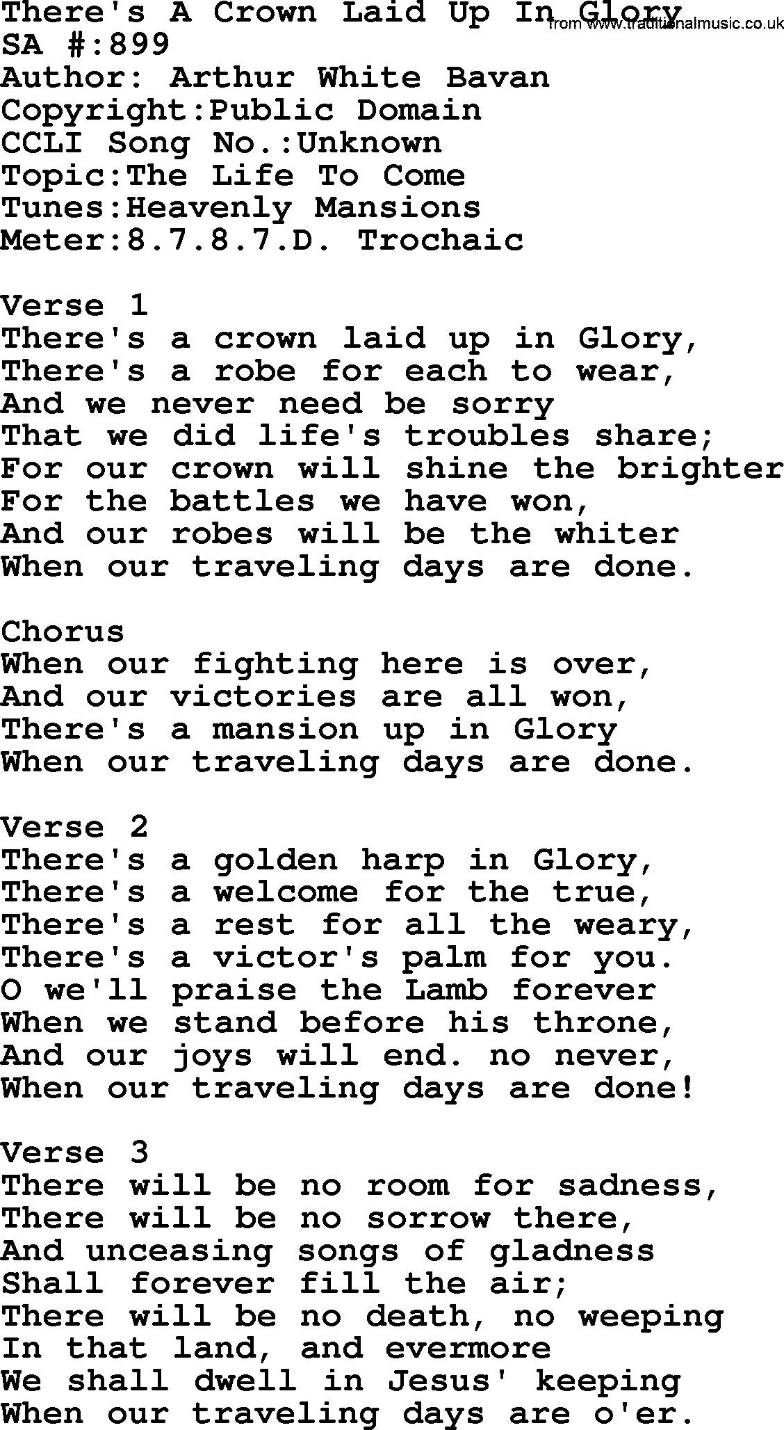 Salvation Army Hymnal, title: There's A Crown Laid Up In Glory, with lyrics and PDF,