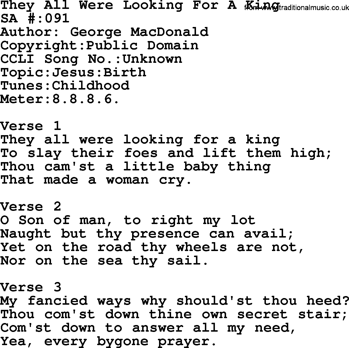 Salvation Army Hymnal, title: They All Were Looking For A King, with lyrics and PDF,