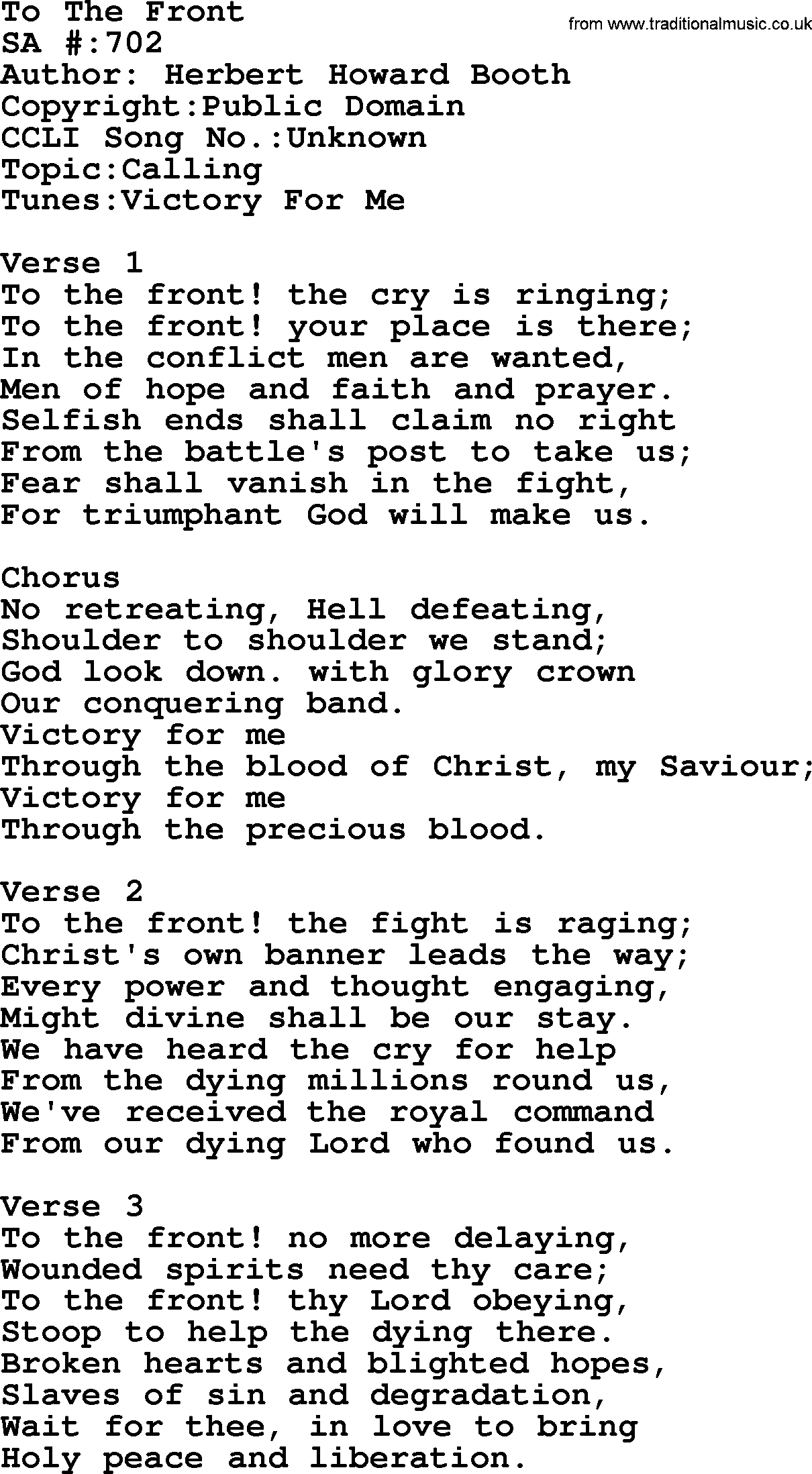 Salvation Army Hymnal, title: To The Front, with lyrics and PDF,