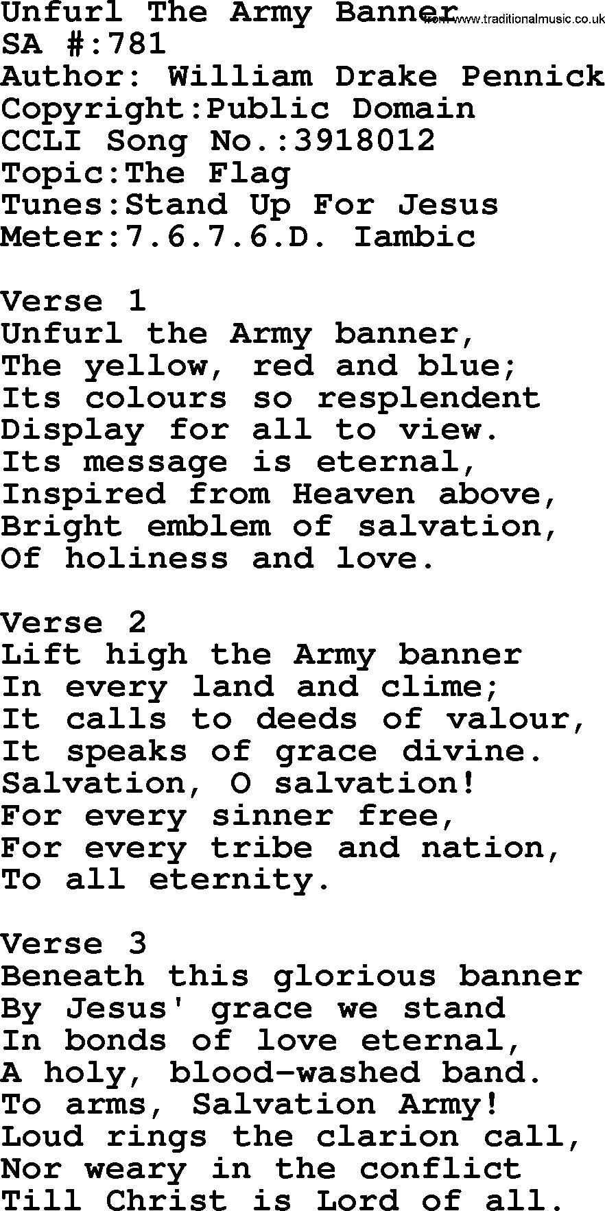 Salvation Army Hymnal, title: Unfurl The Army Banner, with lyrics and PDF,