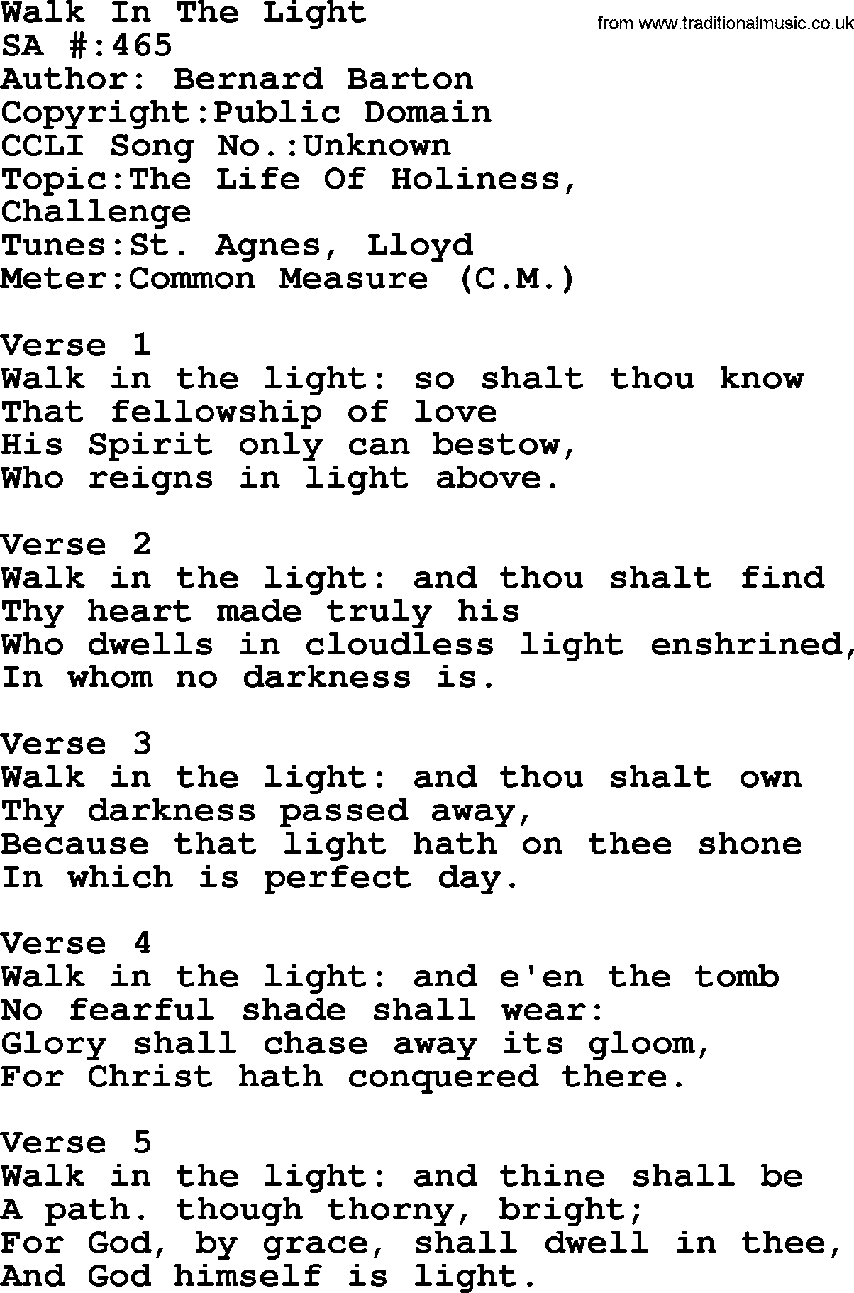 Salvation Army Hymnal, title: Walk In The Light, with lyrics and PDF,