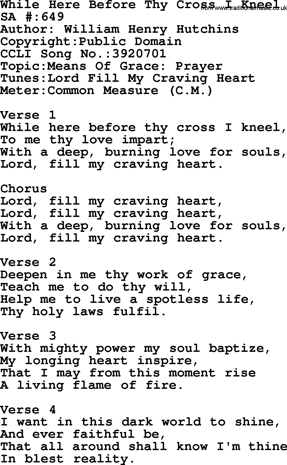 Salvation Army Hymnal, title: While Here Before Thy Cross I Kneel, with lyrics and PDF,