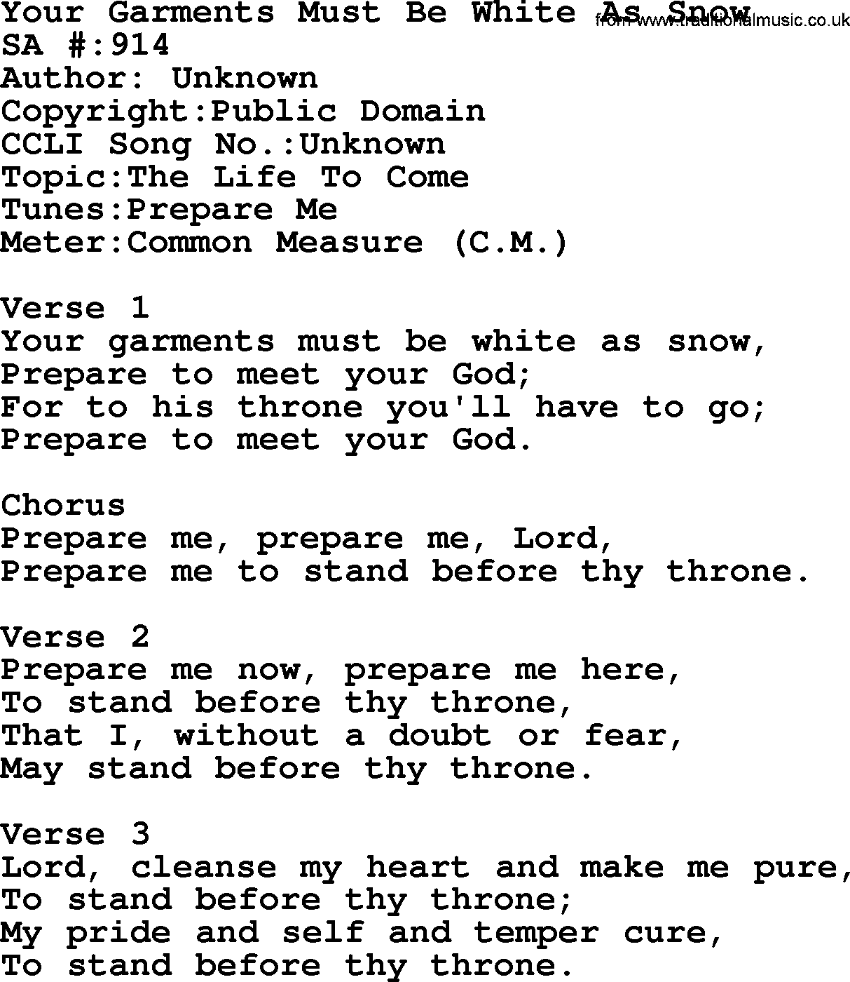 Salvation Army Hymnal, title: Your Garments Must Be White As Snow, with lyrics and PDF,