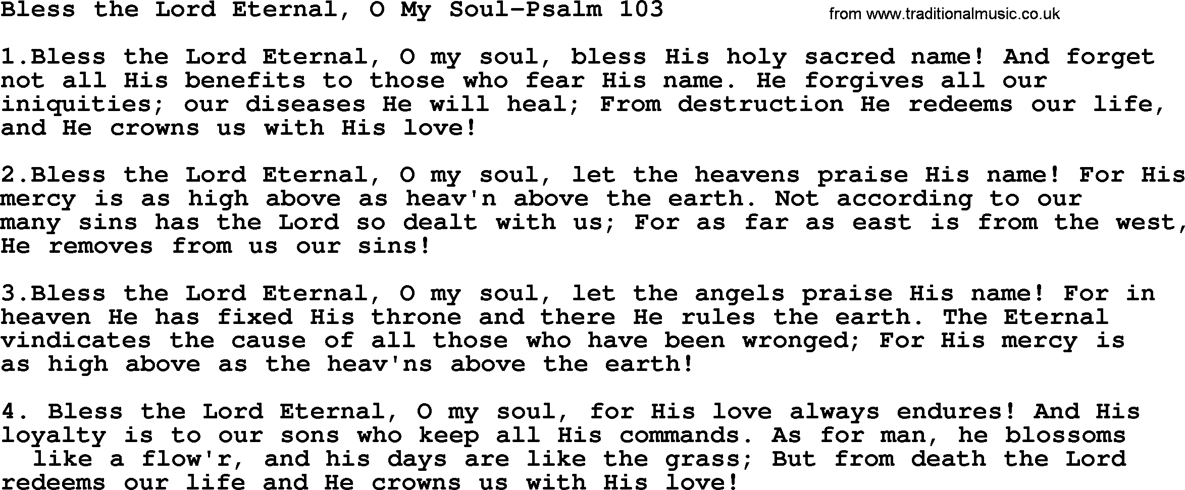 Hymns from the Psalms, Hymn: Bless The Lord Eternal, O My Soul-Psalm 103, lyrics with PDF