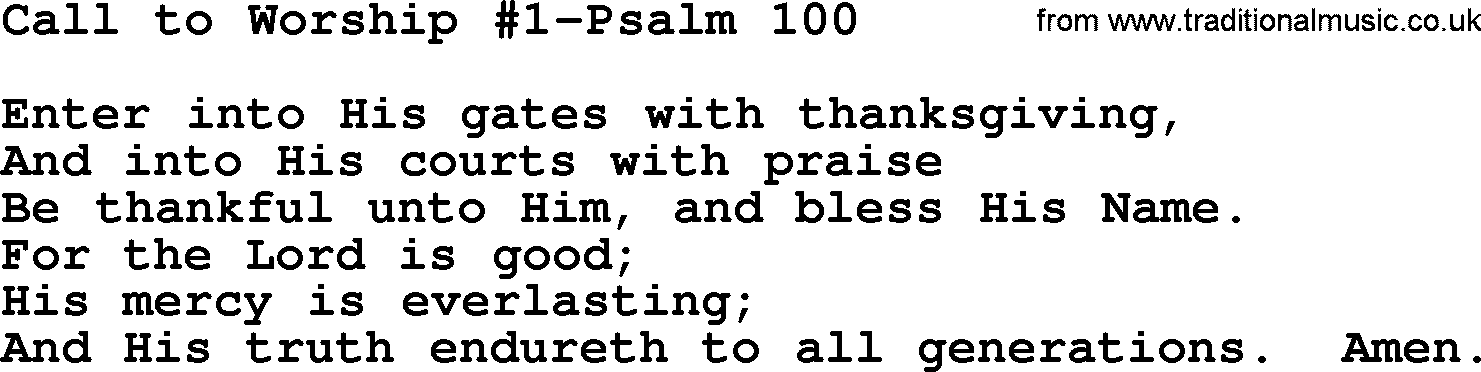 Hymns from the Psalms, Hymn: Call To Worship #1-Psalm 100, lyrics with PDF
