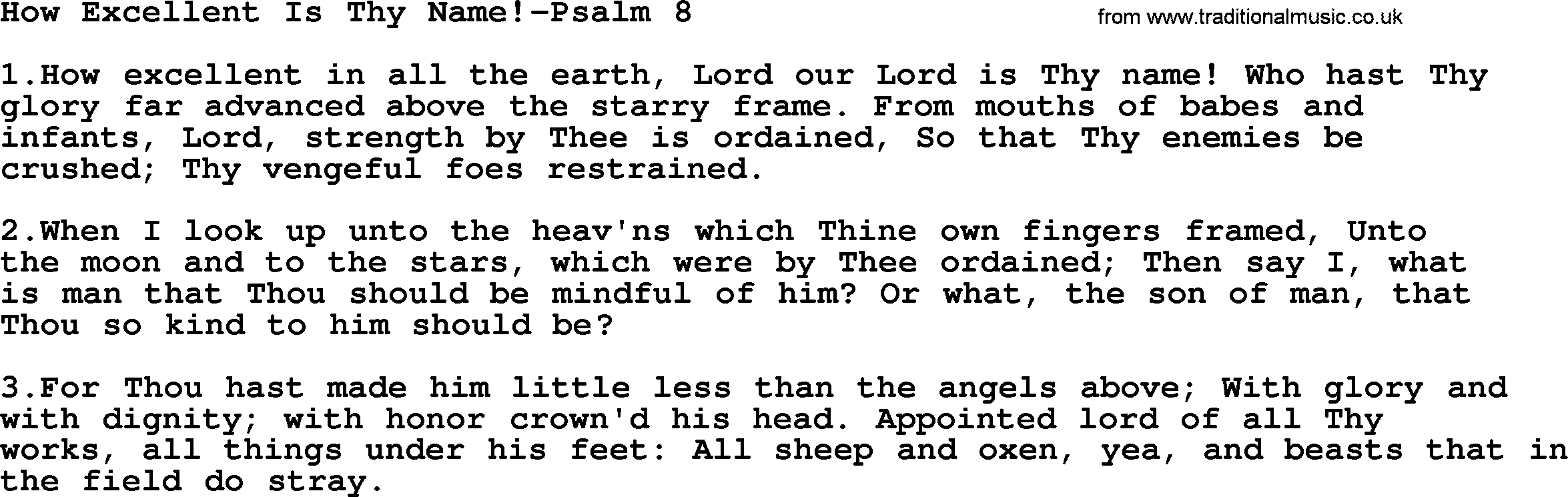 Hymns from the Psalms, Hymn: How Excellent Is Thy Name!-Psalm 8, lyrics with PDF