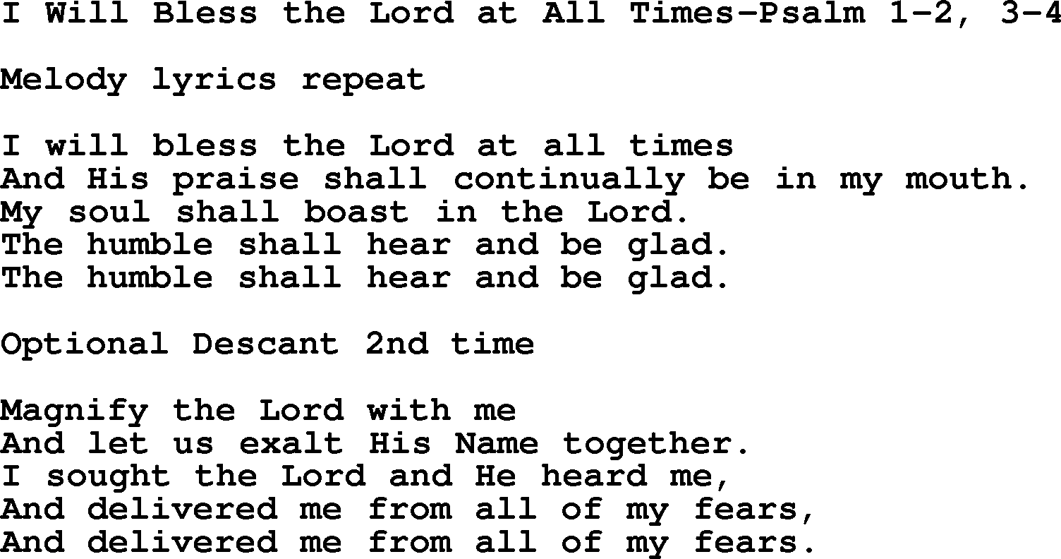 Hymns from the Psalms, Song: I Will Bless The Lord At All Times-Psalm 1
