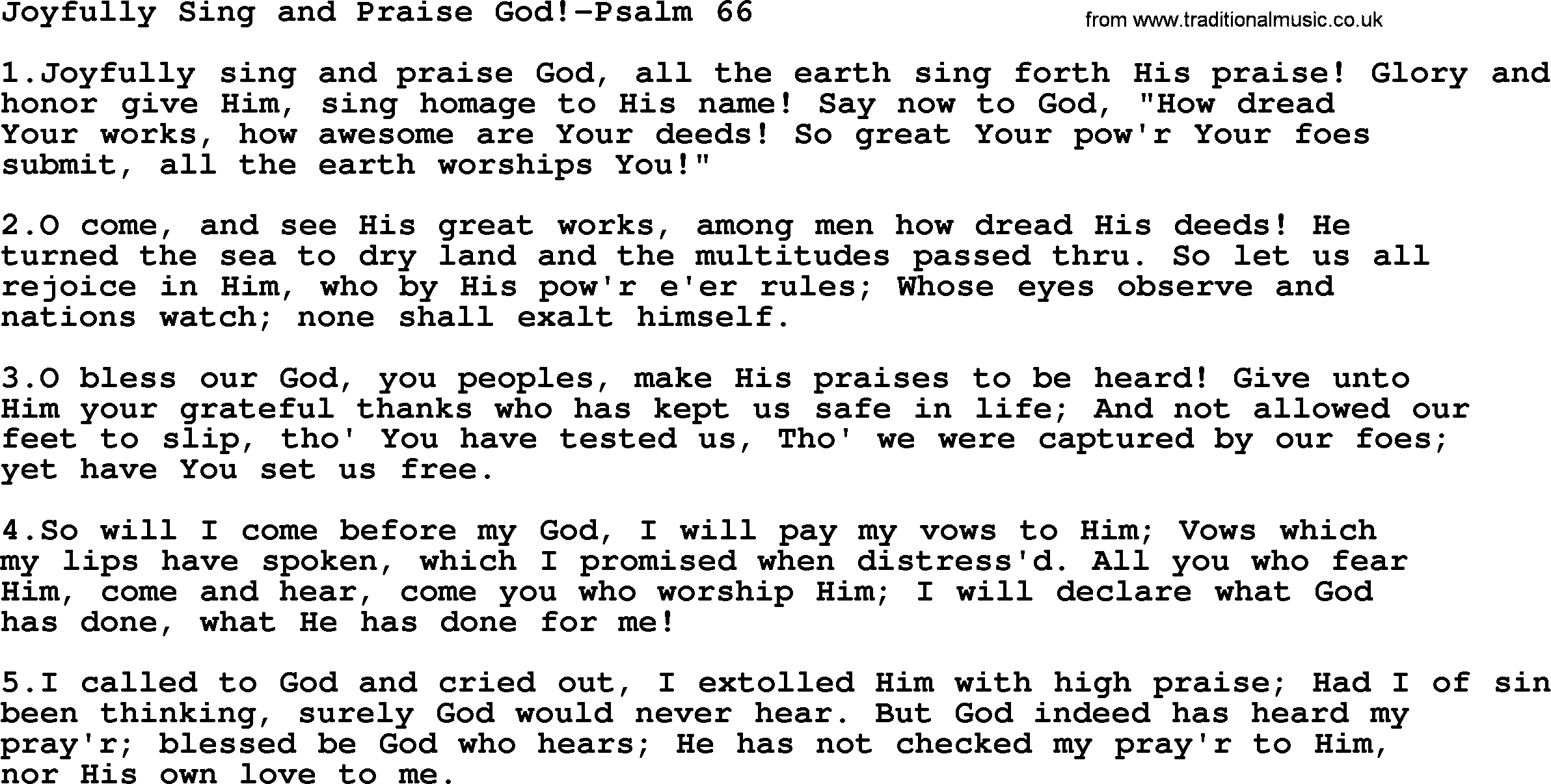 Hymns from the Psalms, Hymn: Joyfully Sing And Praise God!-Psalm 66, lyrics with PDF