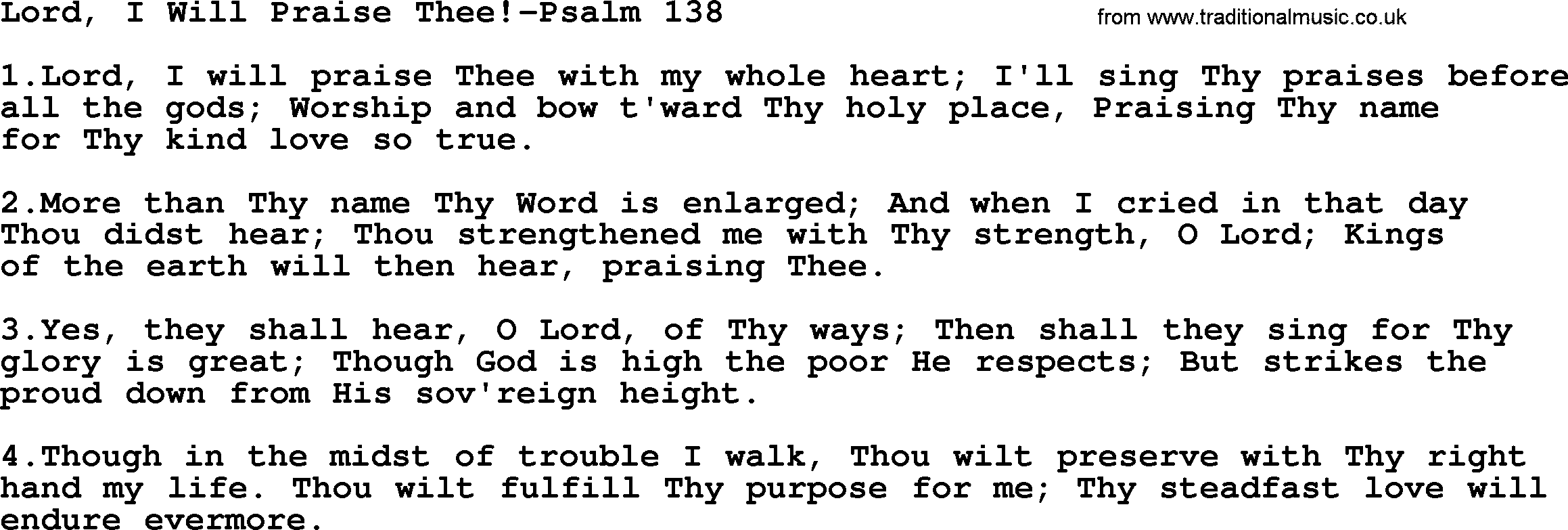 Hymns from the Psalms, Hymn: Lord, I Will Praise Thee!-Psalm 138, lyrics with PDF