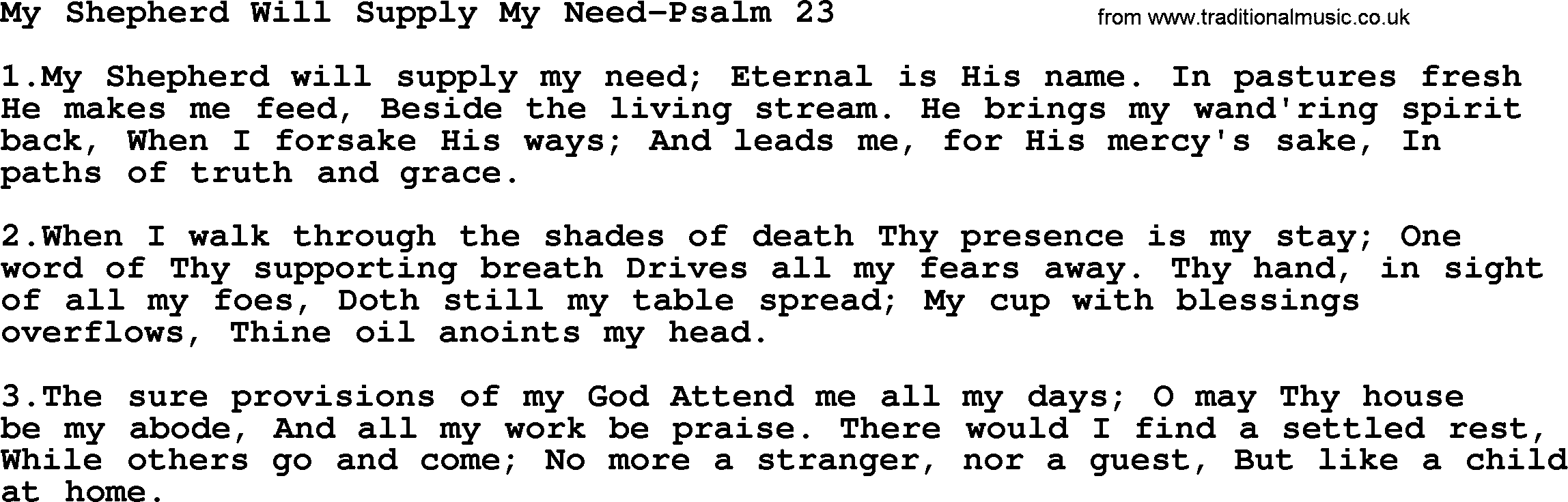Hymns from the Psalms, Hymn: My Shepherd Will Supply My Need-Psalm 23, lyrics with PDF