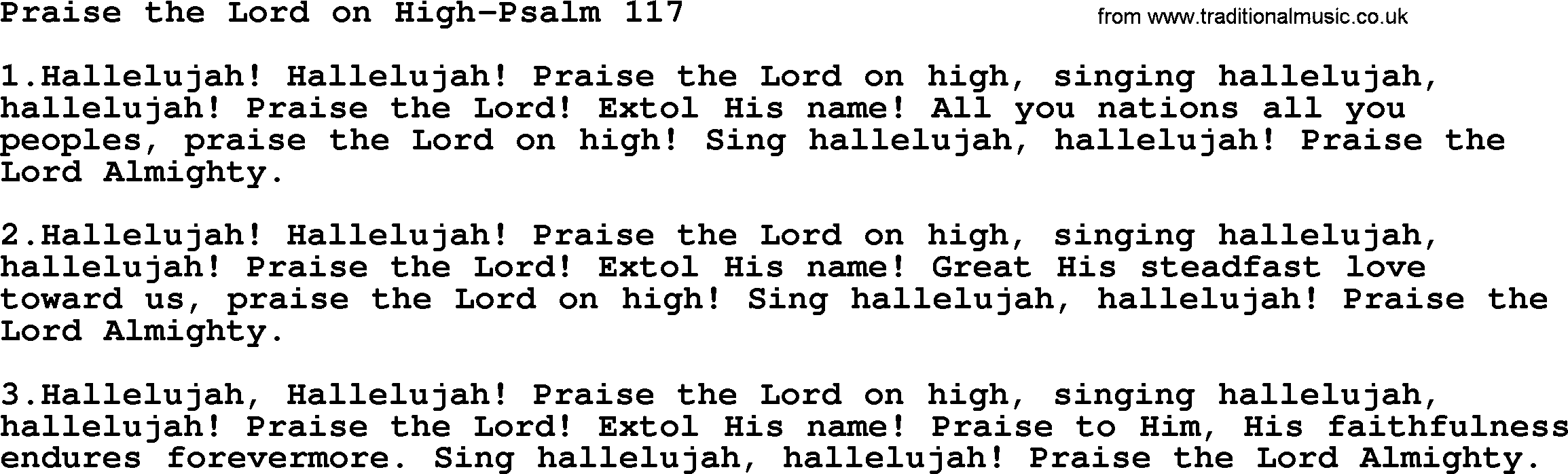 Hymns from the Psalms, Hymn: Praise The Lord On High-Psalm 117, lyrics with PDF