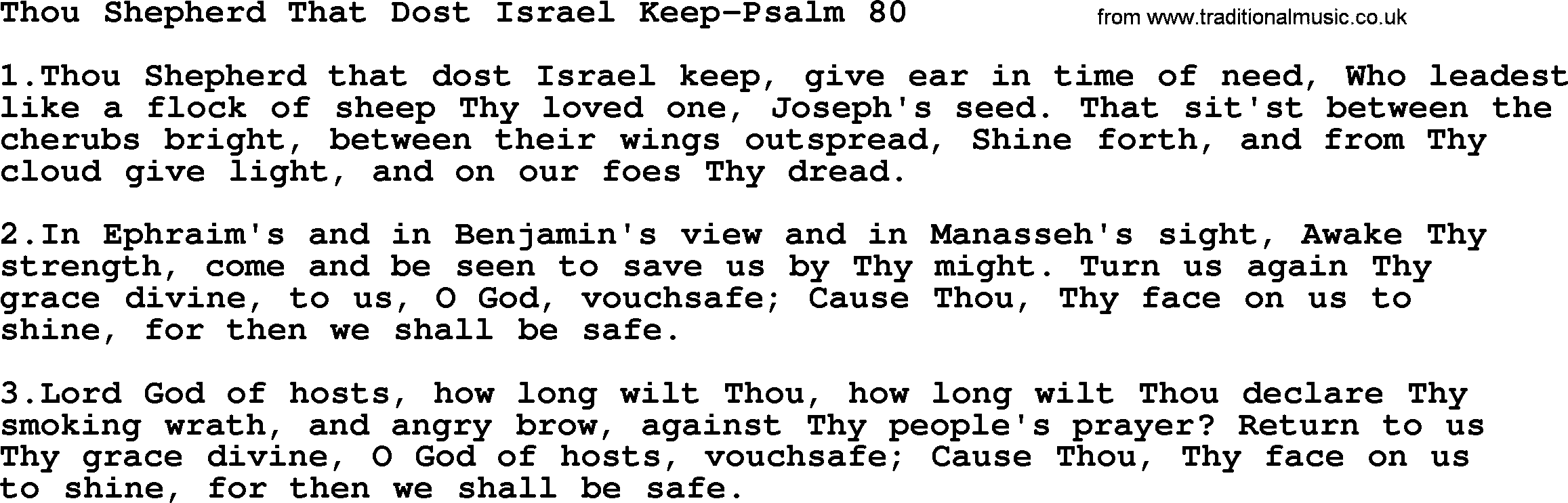 Hymns from the Psalms, Hymn: Thou Shepherd That Dost Israel Keep-Psalm 80, lyrics with PDF