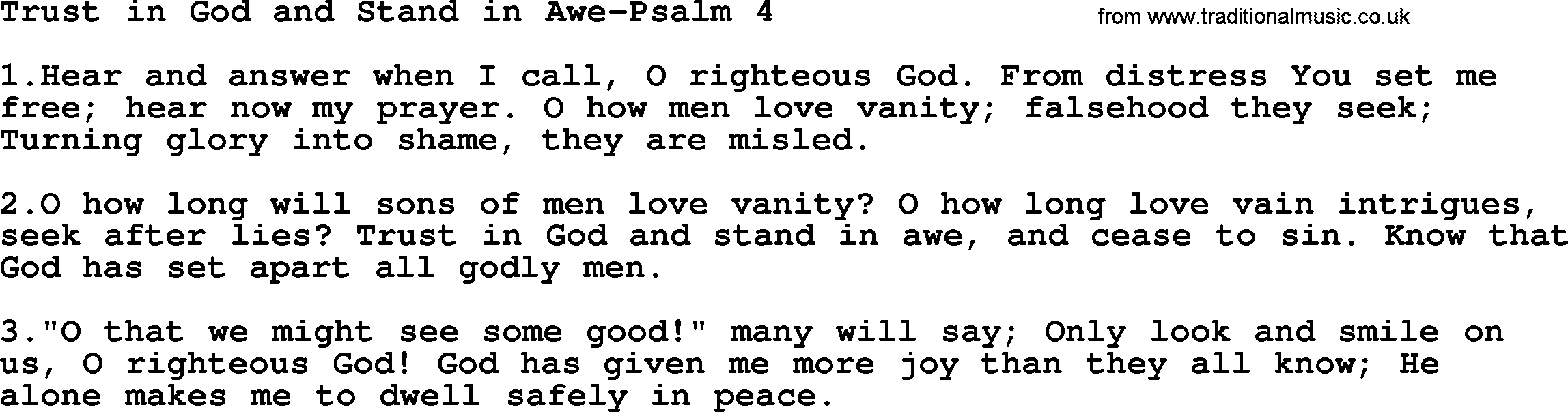 Hymns from the Psalms, Hymn: Trust In God And Stand In Awe-Psalm 4, lyrics with PDF
