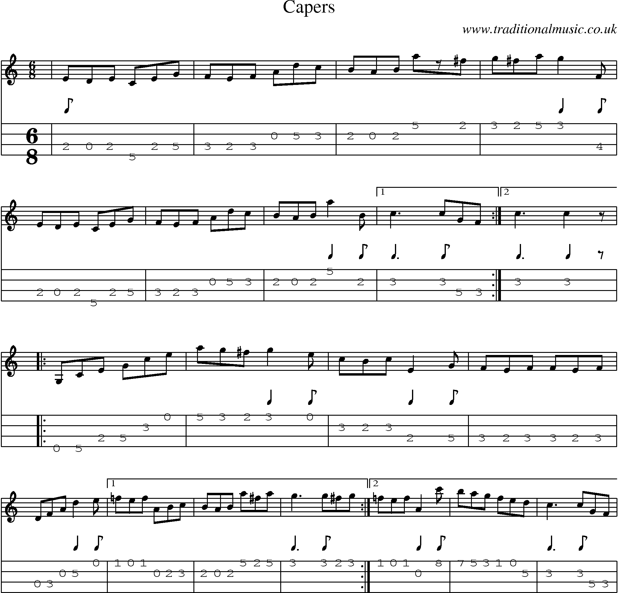 Music Score and Mandolin Tabs for Capers
