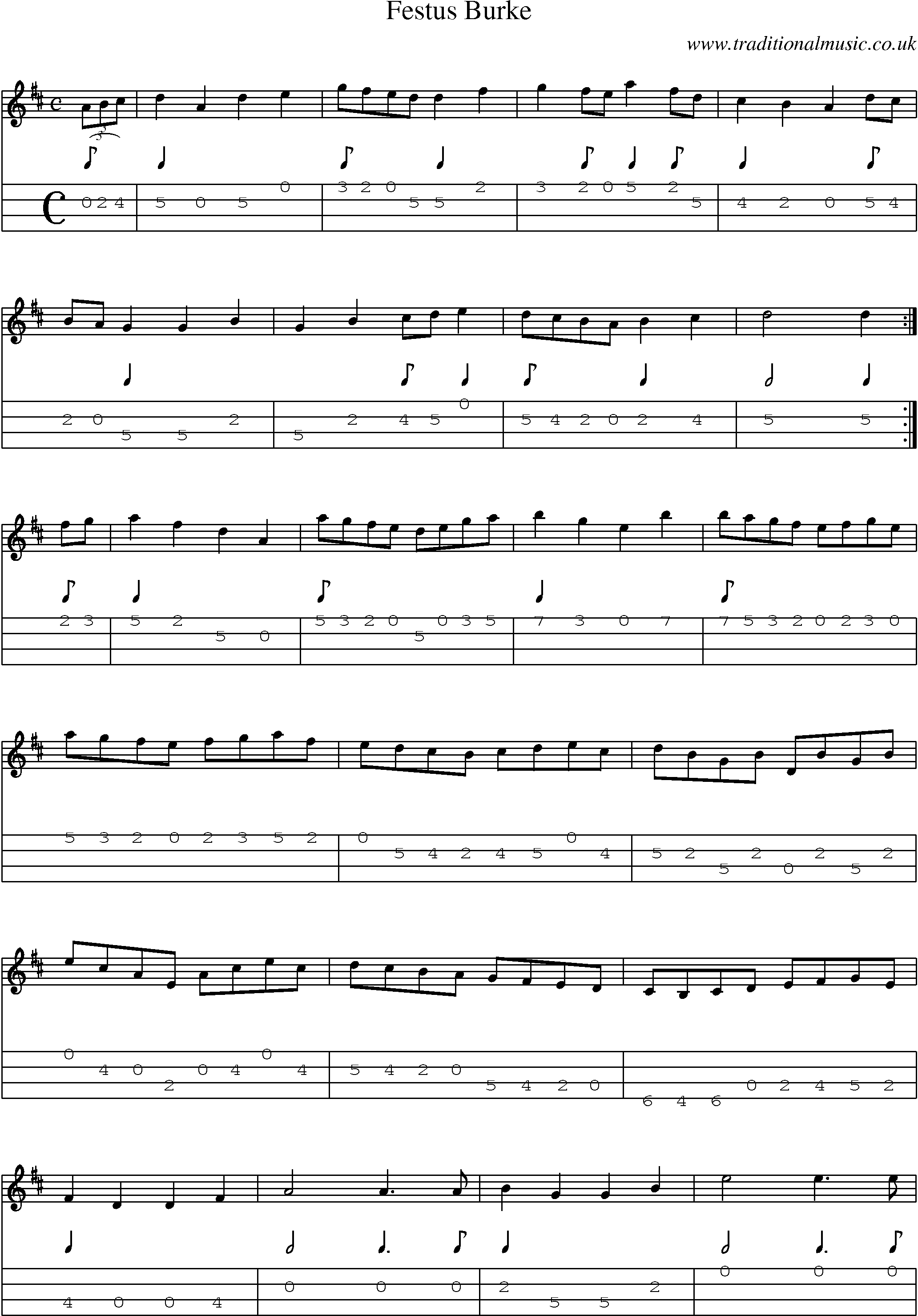Music Score and Mandolin Tabs for Festus Burke