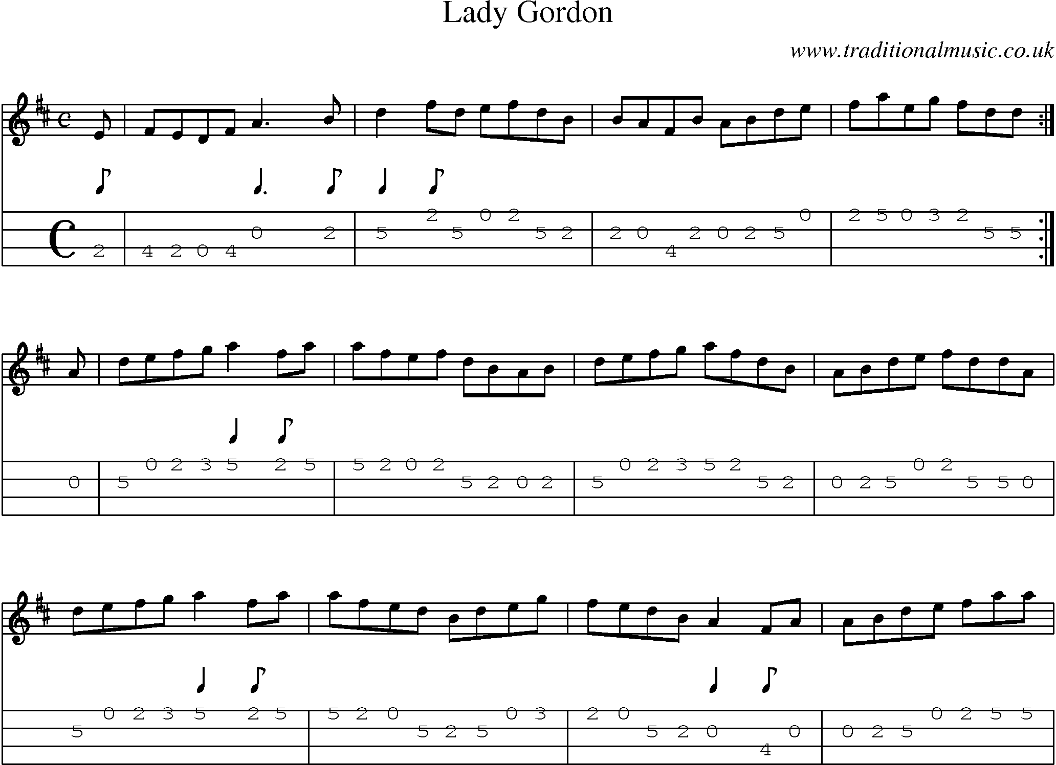 Music Score and Mandolin Tabs for Lady Gordon