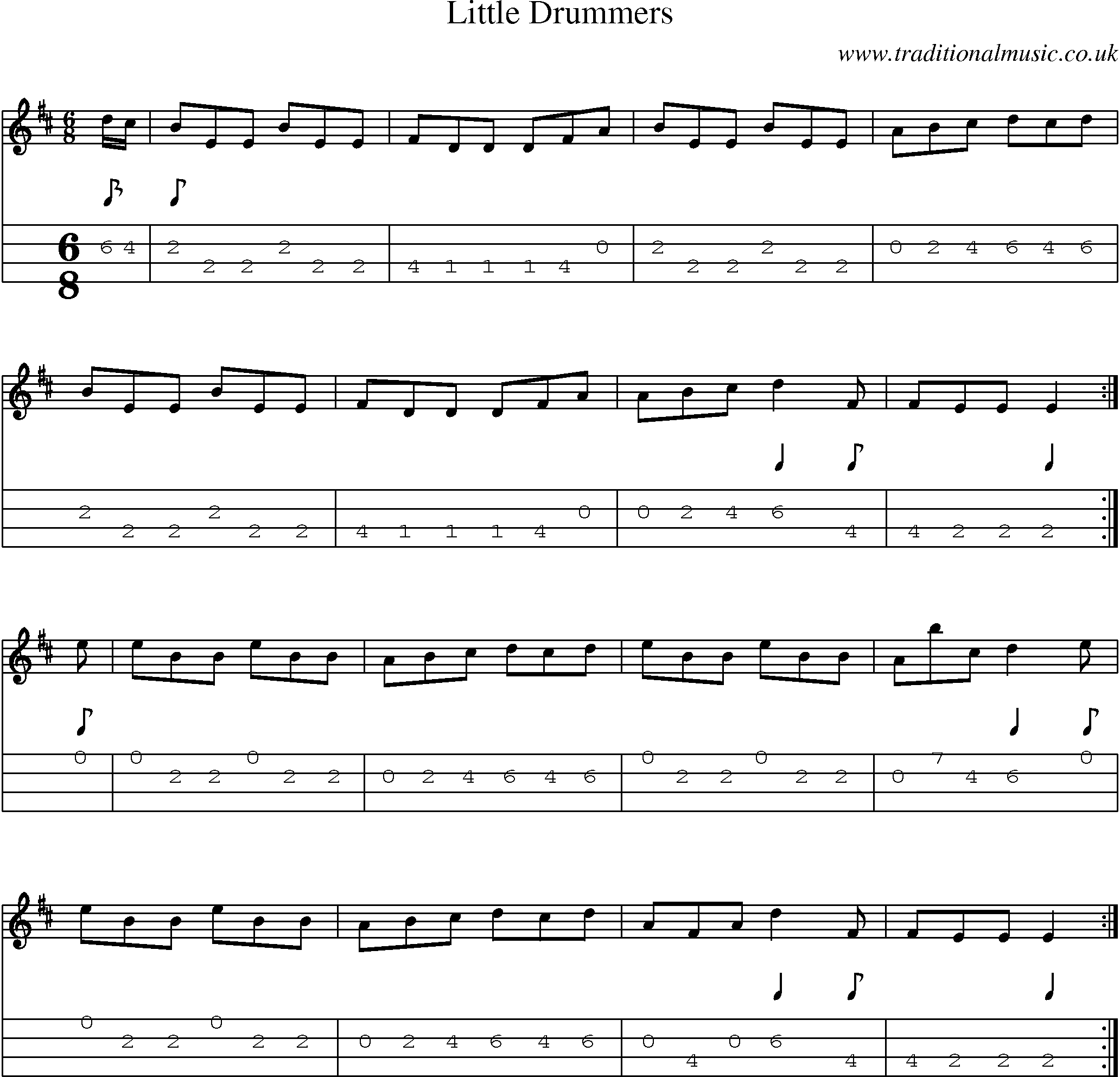 Music Score and Mandolin Tabs for Little Drummers