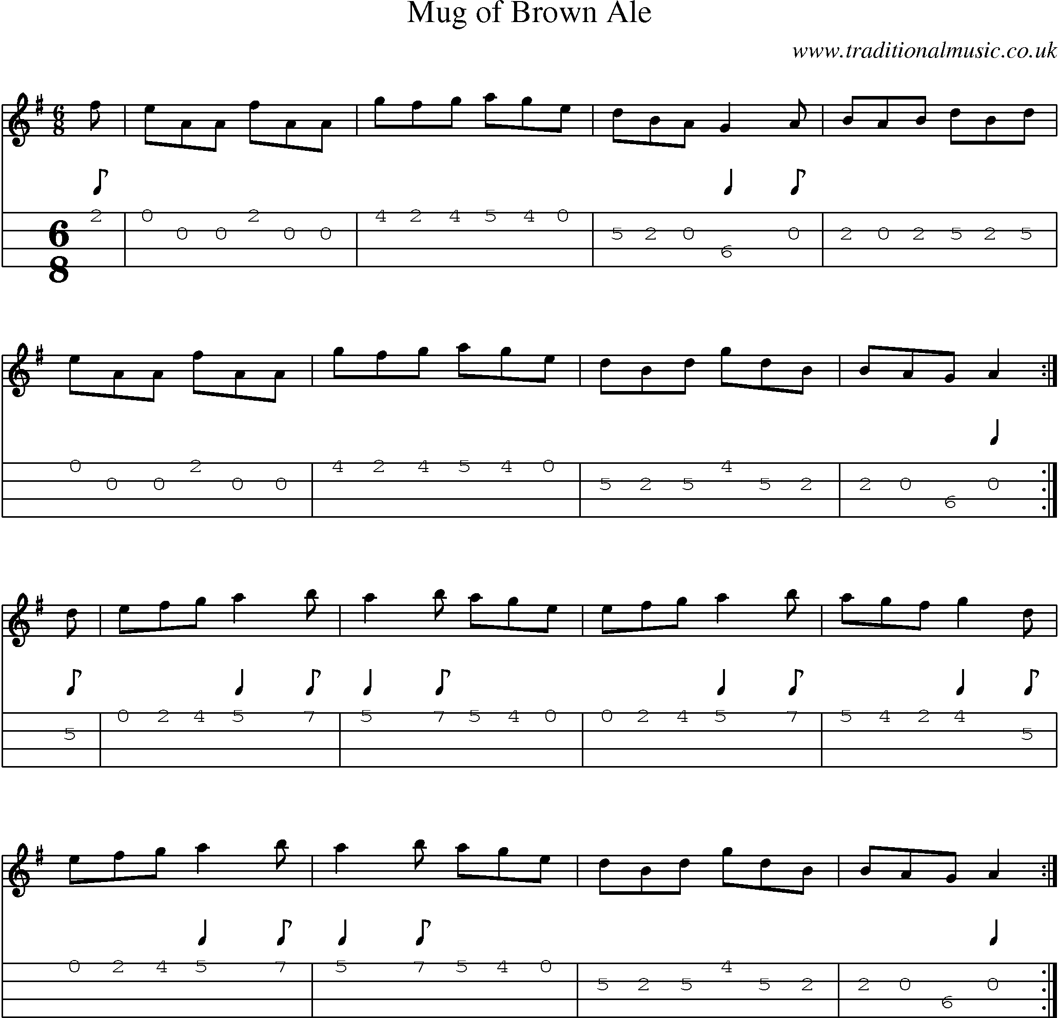 Music Score and Mandolin Tabs for Mug Of Brown Ale