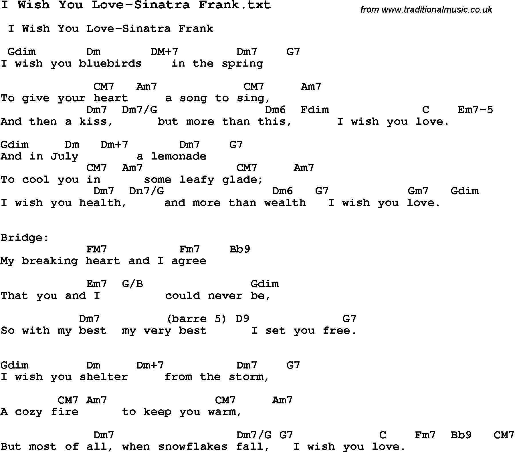 Jazz Song from top bands and vocal artists with chords, tabs and lyrics - I Wish You Love-Sinatra Frank