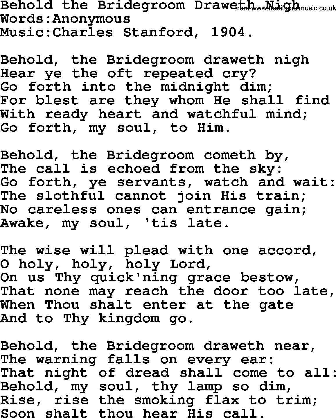 Christian hymns and songs about Jesus' Return(The Second Coming): Behold The Bridegroom Draweth Nigh, lyrics with PDF