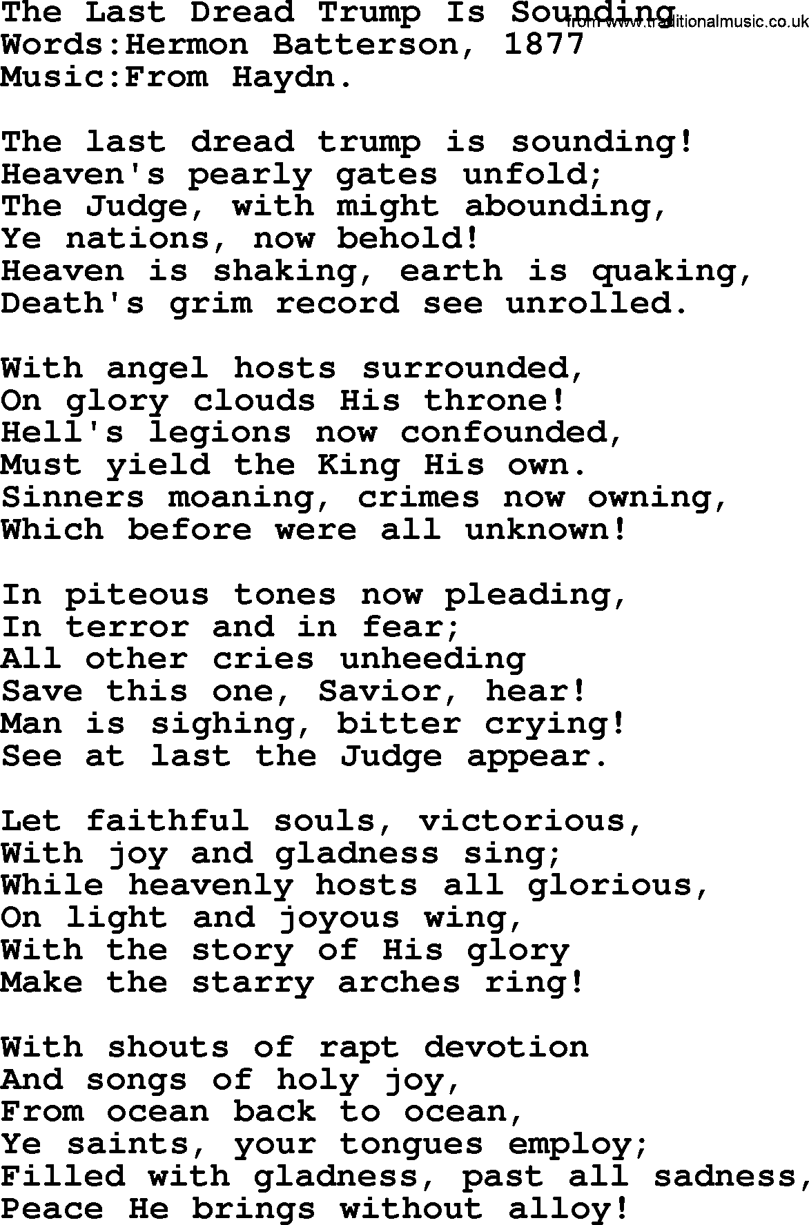 Christian hymns and songs about Jesus' Return(The Second Coming): The Last Dread Trump Is Sounding, lyrics with PDF