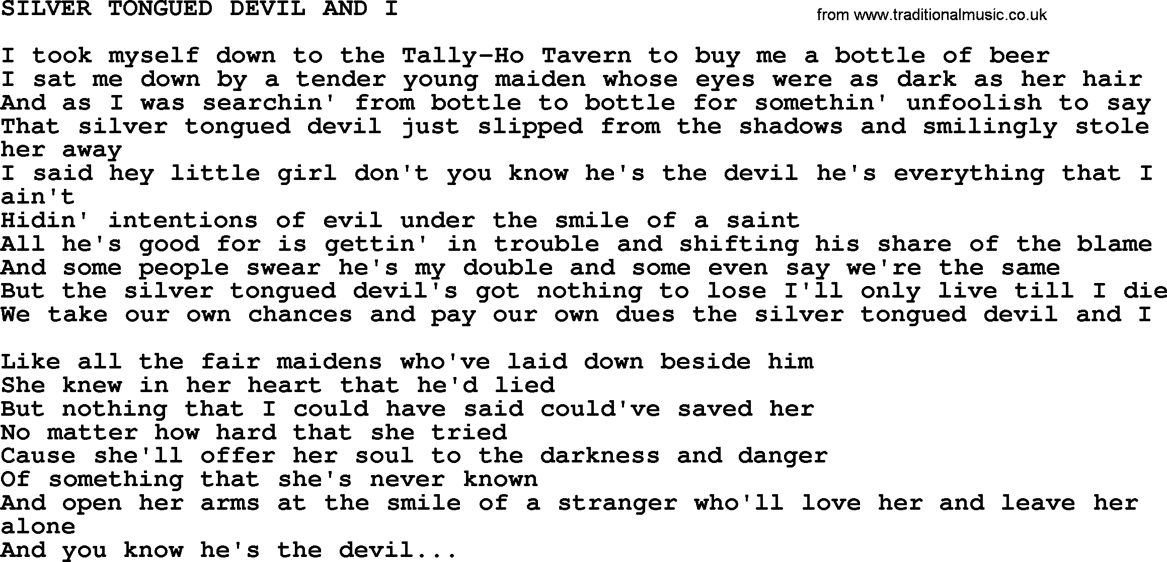Kris Kristofferson song: Silver Tongued Devil And I txt lyrics and chords