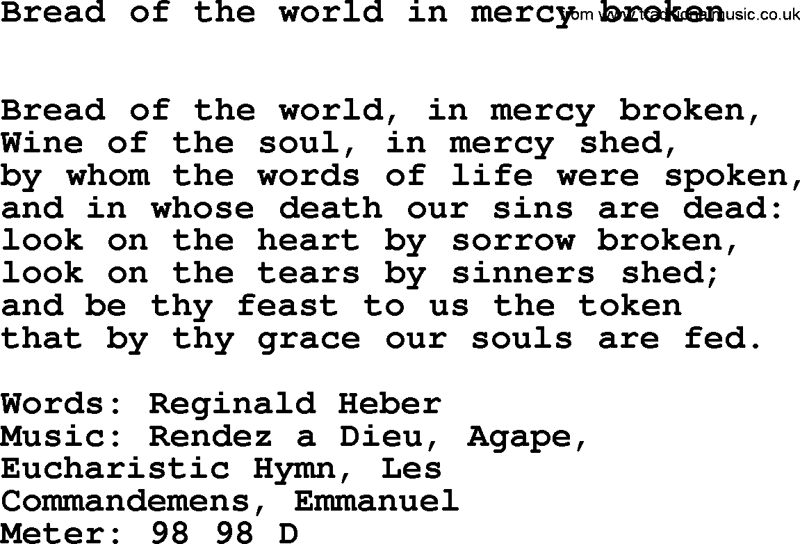 Lent Hymns, Hymn: Bread Of The World In Mercy Broken, lyrics with PDF an midi music