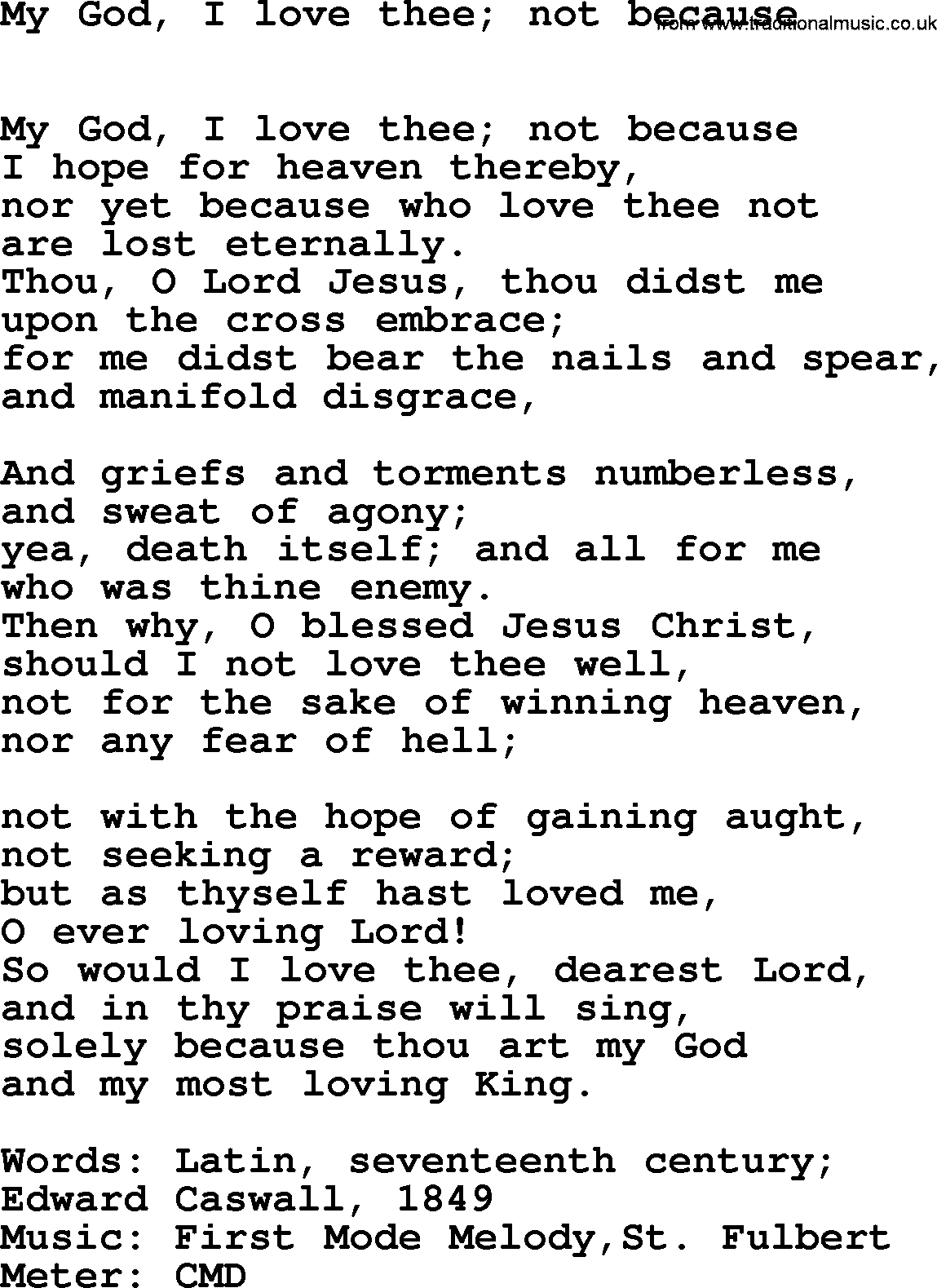 Lent Hymns, Hymn: My God, I Love Thee; Not Because, lyrics with PDF an midi music