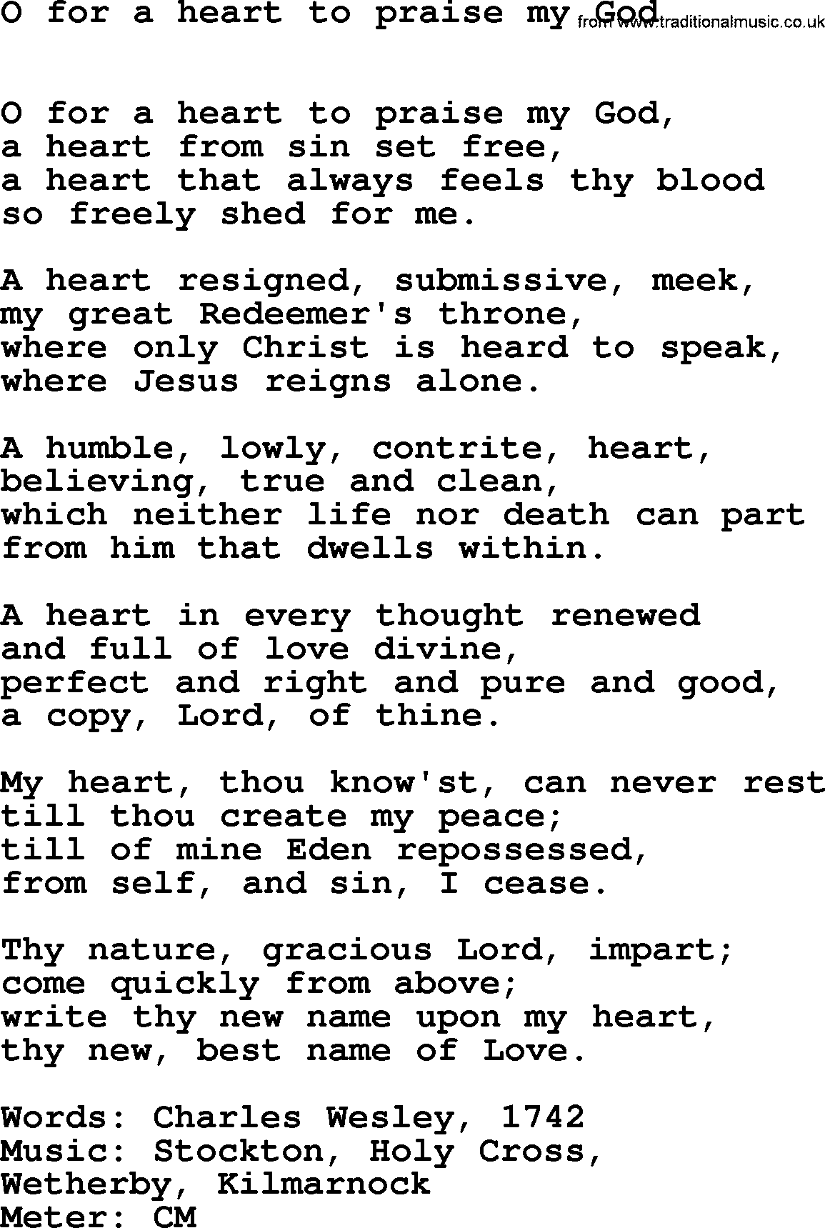 Lent Hymns, Hymn: O For A Heart To Praise My God, lyrics with PDF an midi music
