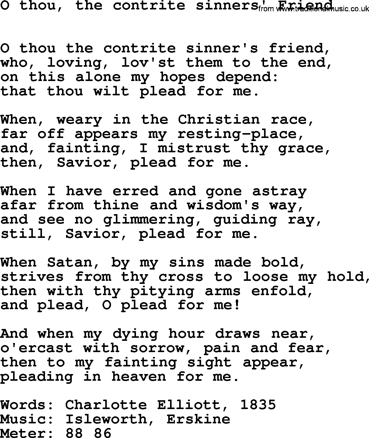 Lent Hymns, Hymn: O Thou, The Contrite Sinners' Friend, lyrics with PDF an midi music