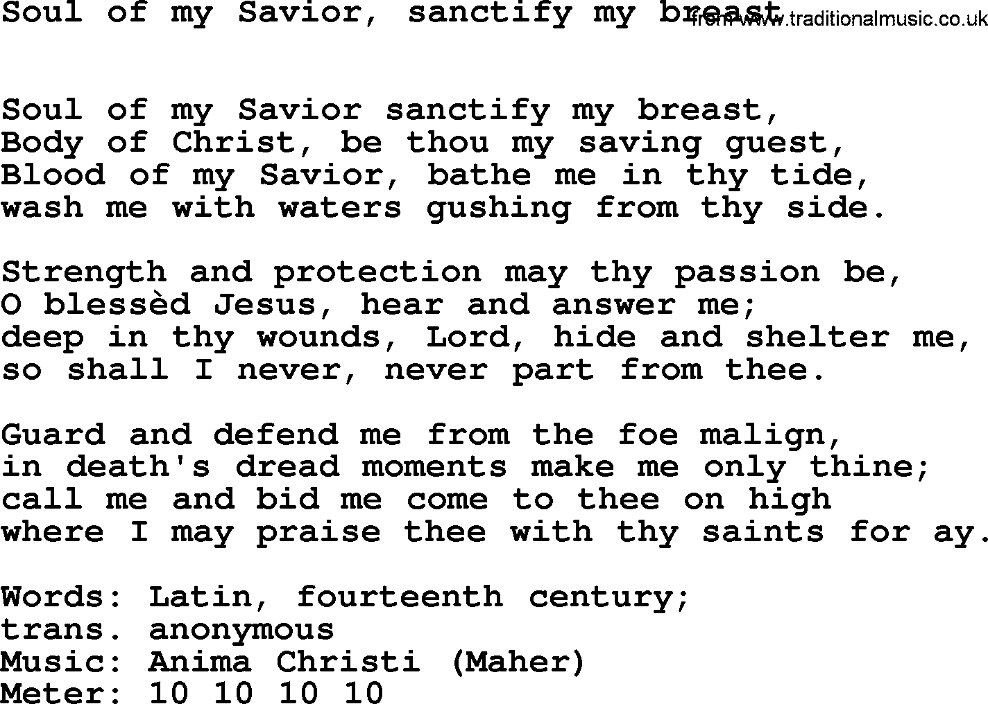 Lent Hymns, Hymn: Soul Of My Savior, Sanctify My Breast, lyrics with PDF an midi music