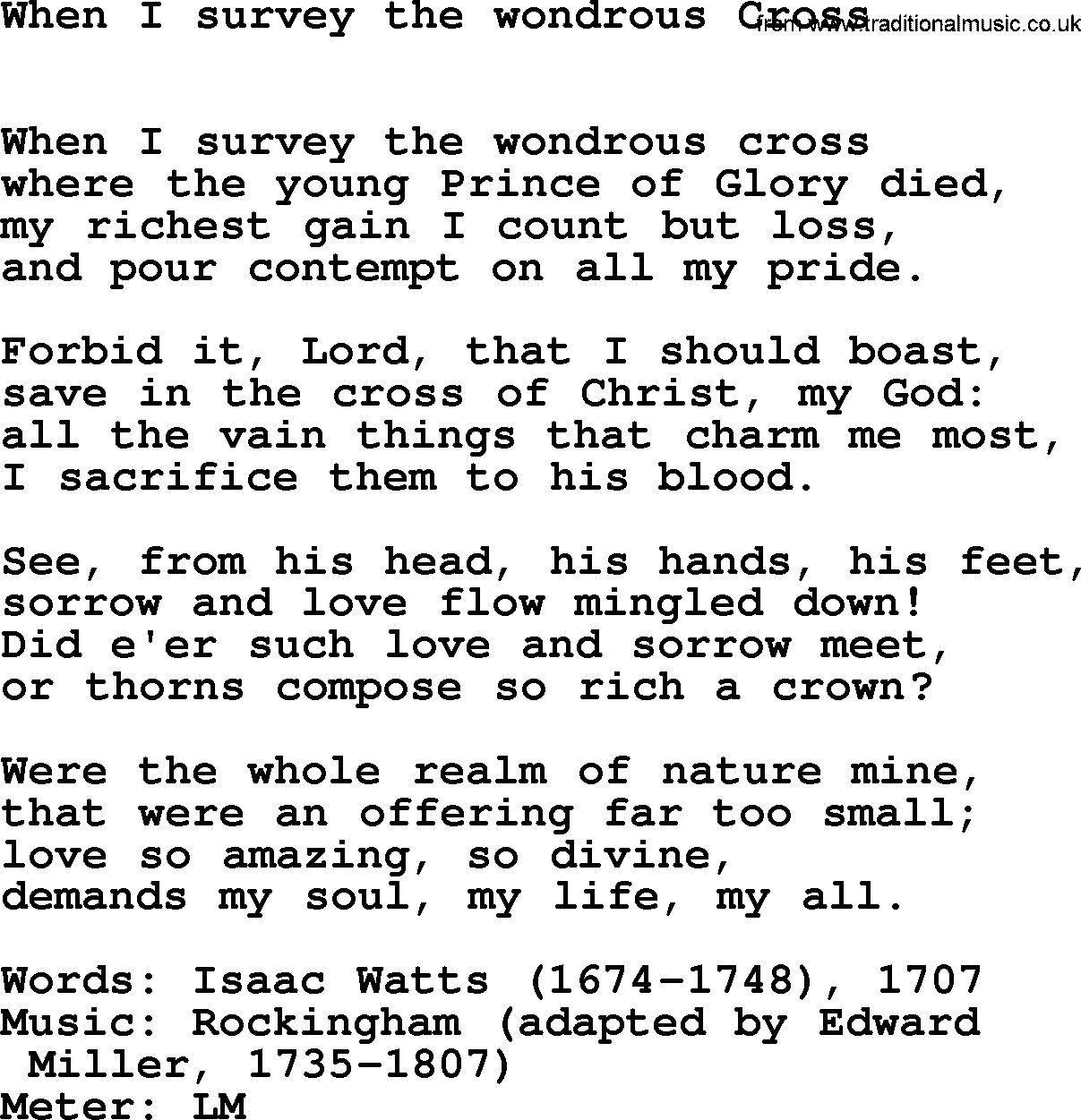 Lent Hymns, Hymn: When I Survey The Wondrous Cross, lyrics with PDF an midi music