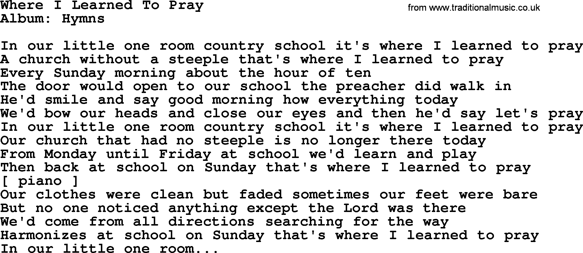 Loretta Lynn song: Where I Learned To Pray lyrics