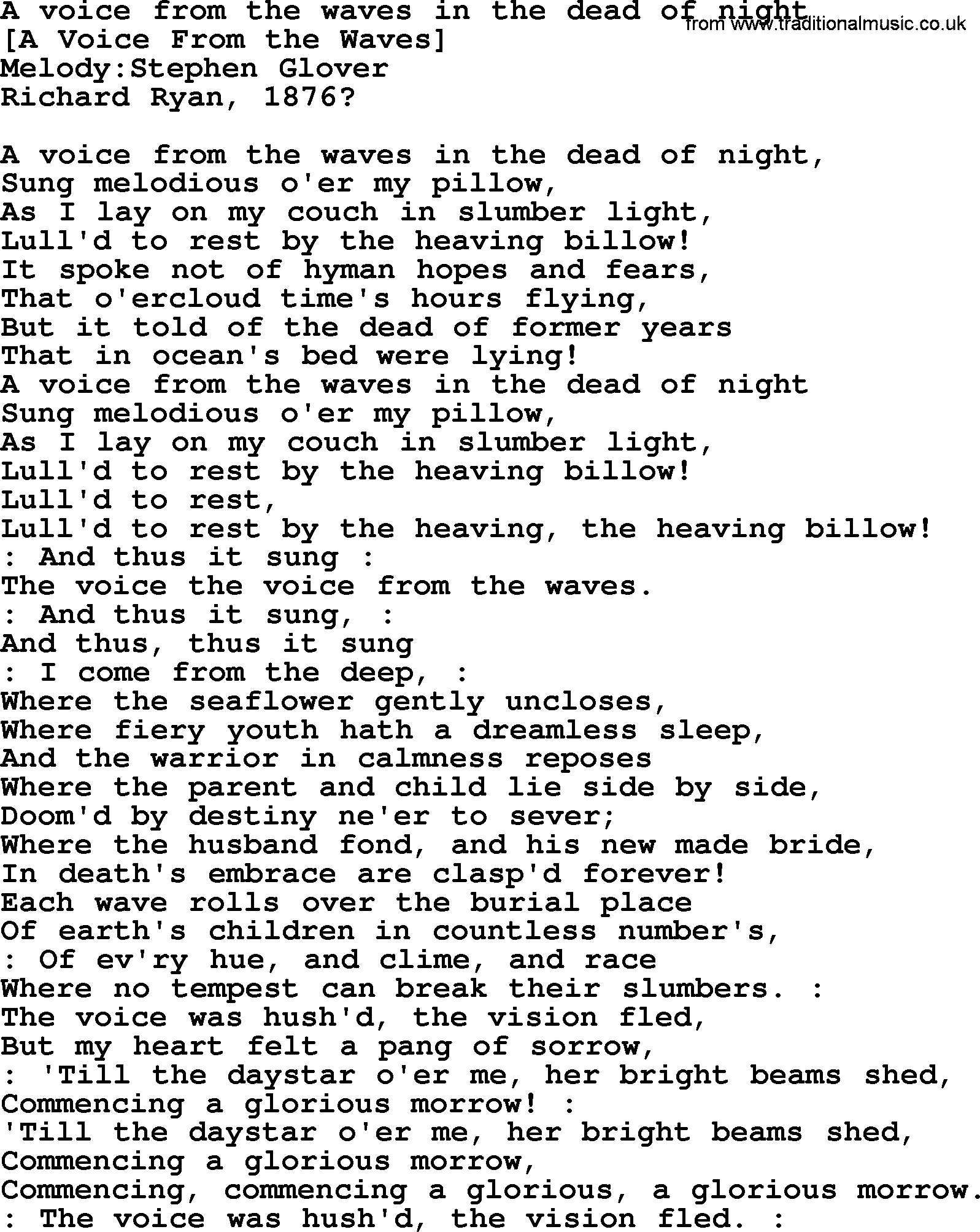 Old American Song: A Voice From The Waves In The Dead Of Night, lyrics