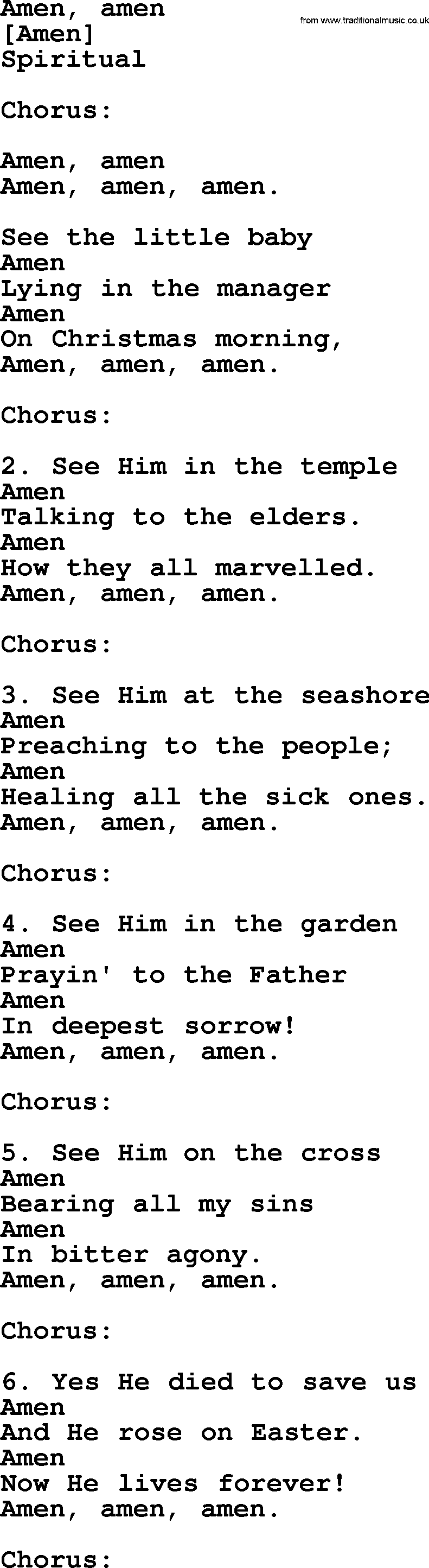 Old American Song: Amen, Amen, lyrics