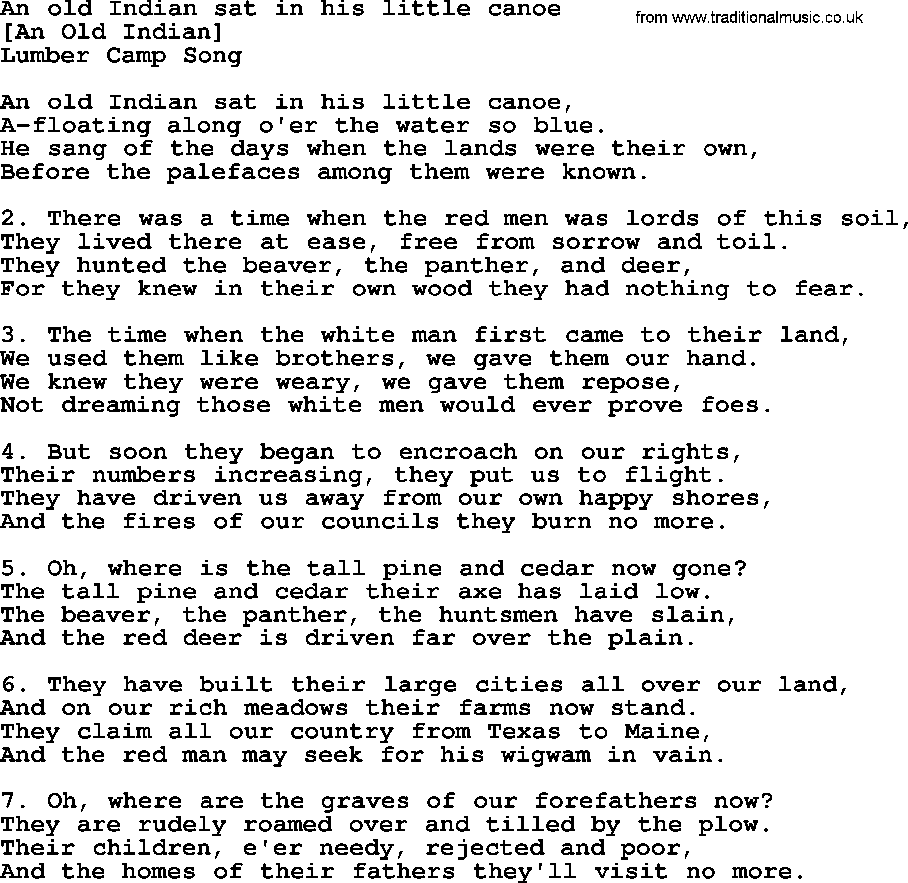 Old American Song: An Old Indian Sat In His Little Canoe, lyrics