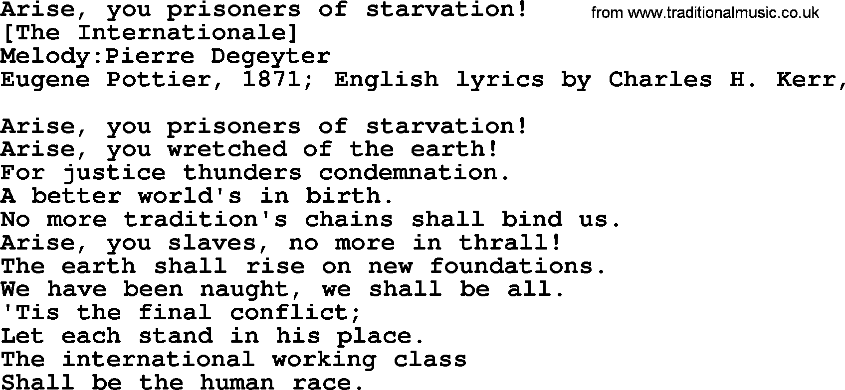 Old American Song: Arise, You Prisoners Of Starvation!, lyrics