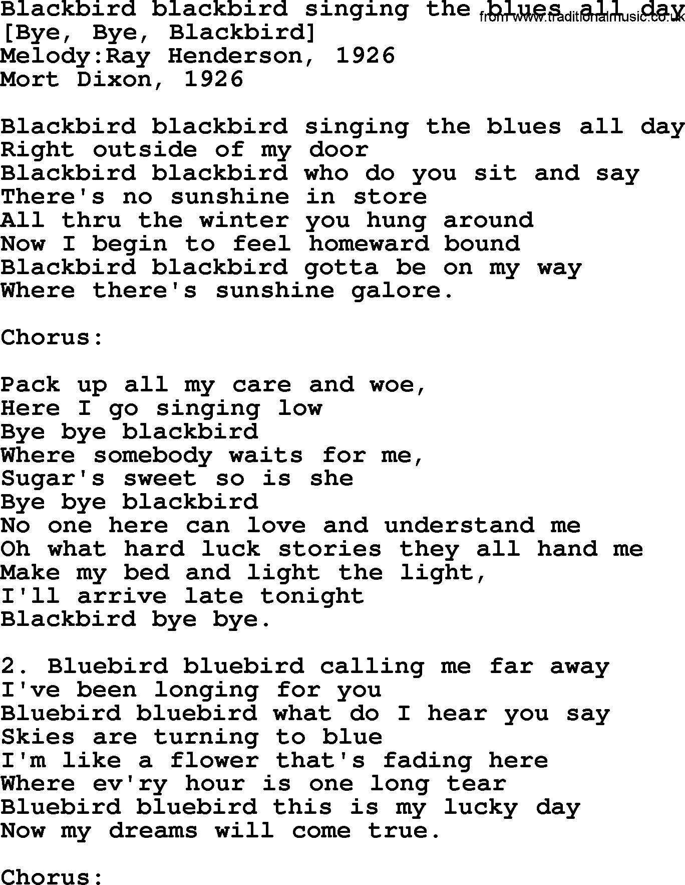 Old American Song: Blackbird Blackbird Singing The Blues All Day, lyrics