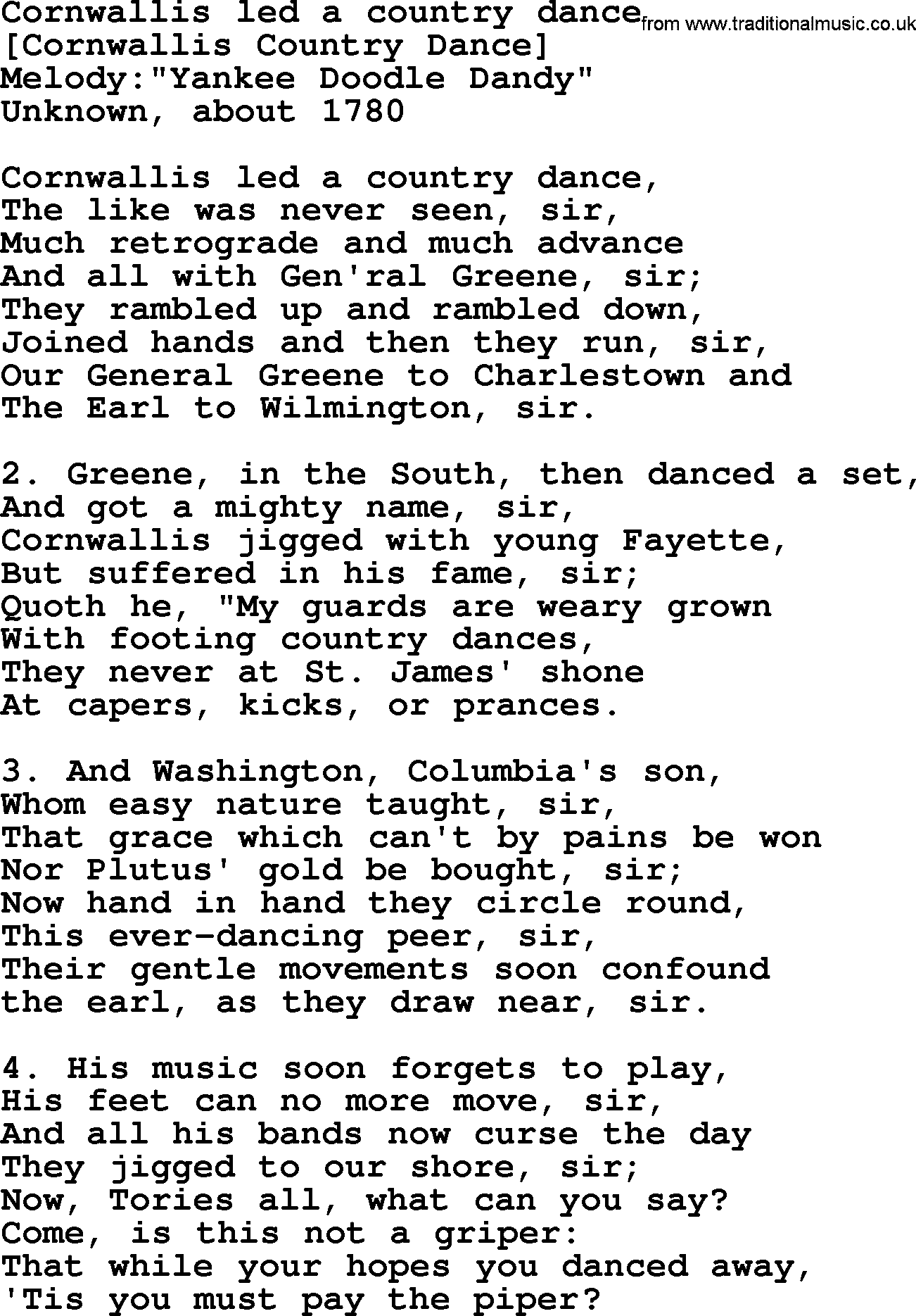 Old American Song: Cornwallis Led A Country Dance, lyrics