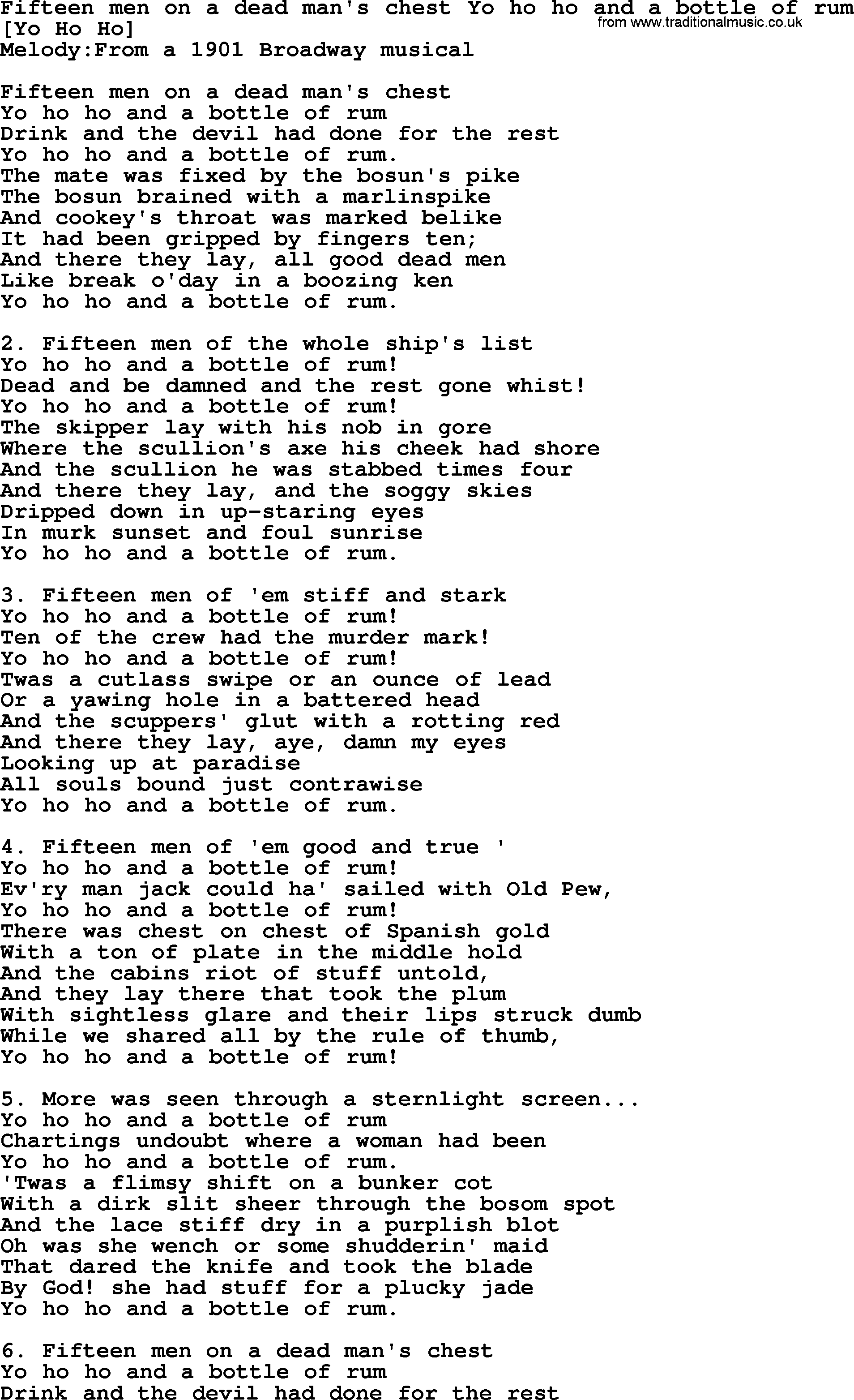 Old American Song Lyrics For Fifteen Men On A Dead Man S Chest Yo Ho Ho And A Bottle Of Rum With Pdf
