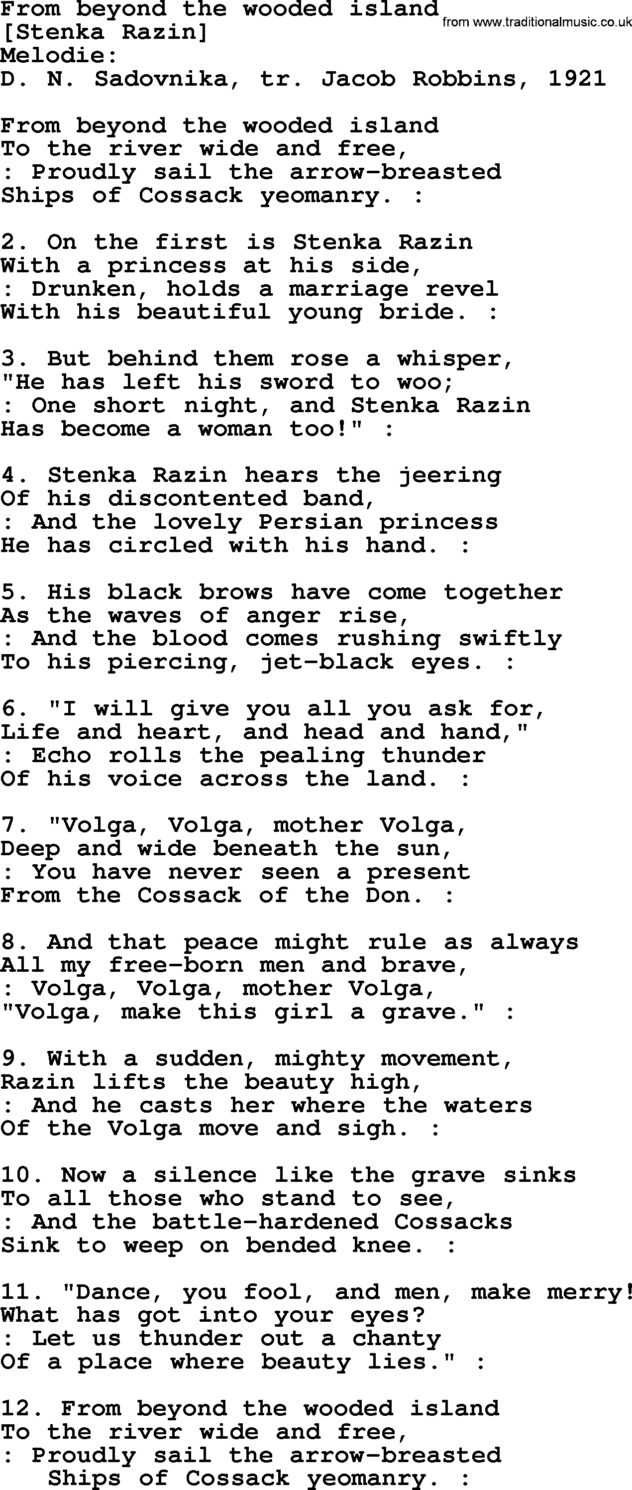 Old American Song: From Beyond The Wooded Island, lyrics